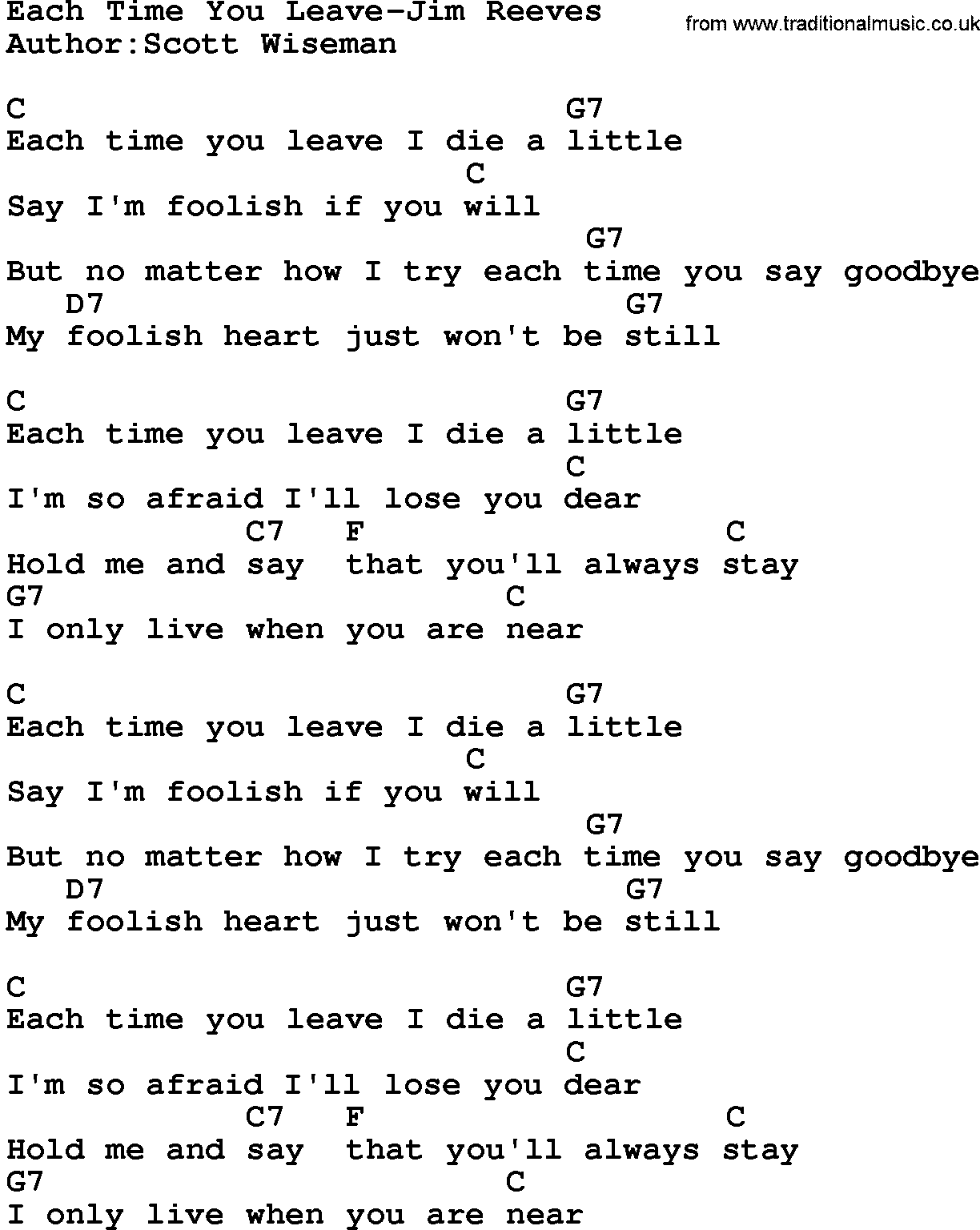 Country music song: Each Time You Leave-Jim Reeves lyrics and chords