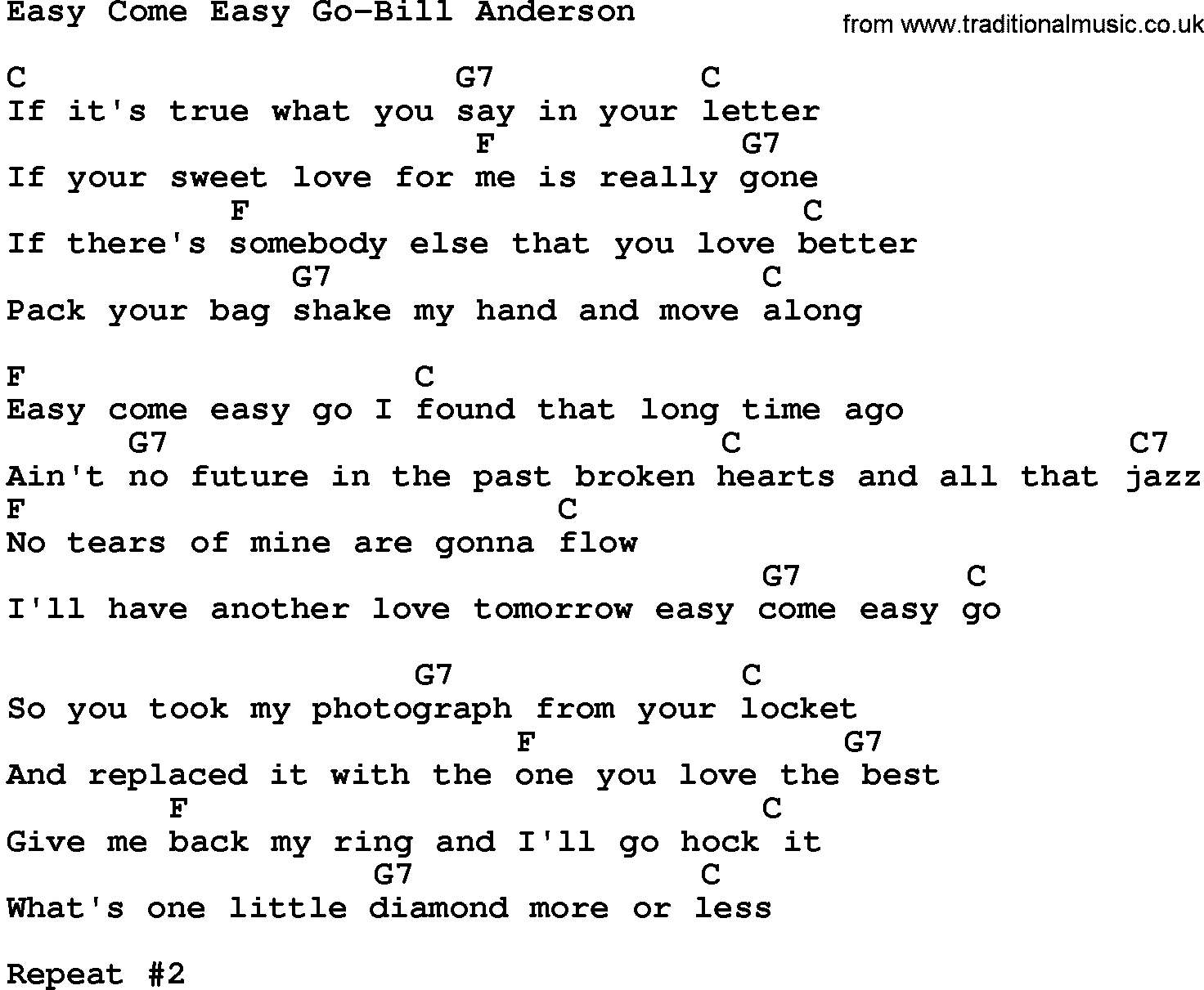 Country music song: Easy Come Easy Go-Bill Anderson lyrics and chords