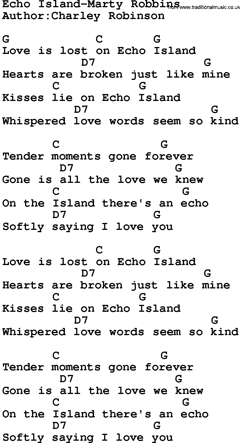 Country music song: Echo Island-Marty Robbins lyrics and chords