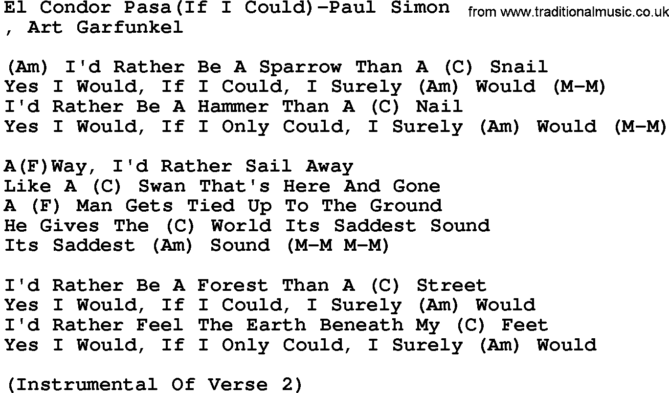 Country music song: El Condor Pasa(If I Could)-Paul Simon lyrics and chords