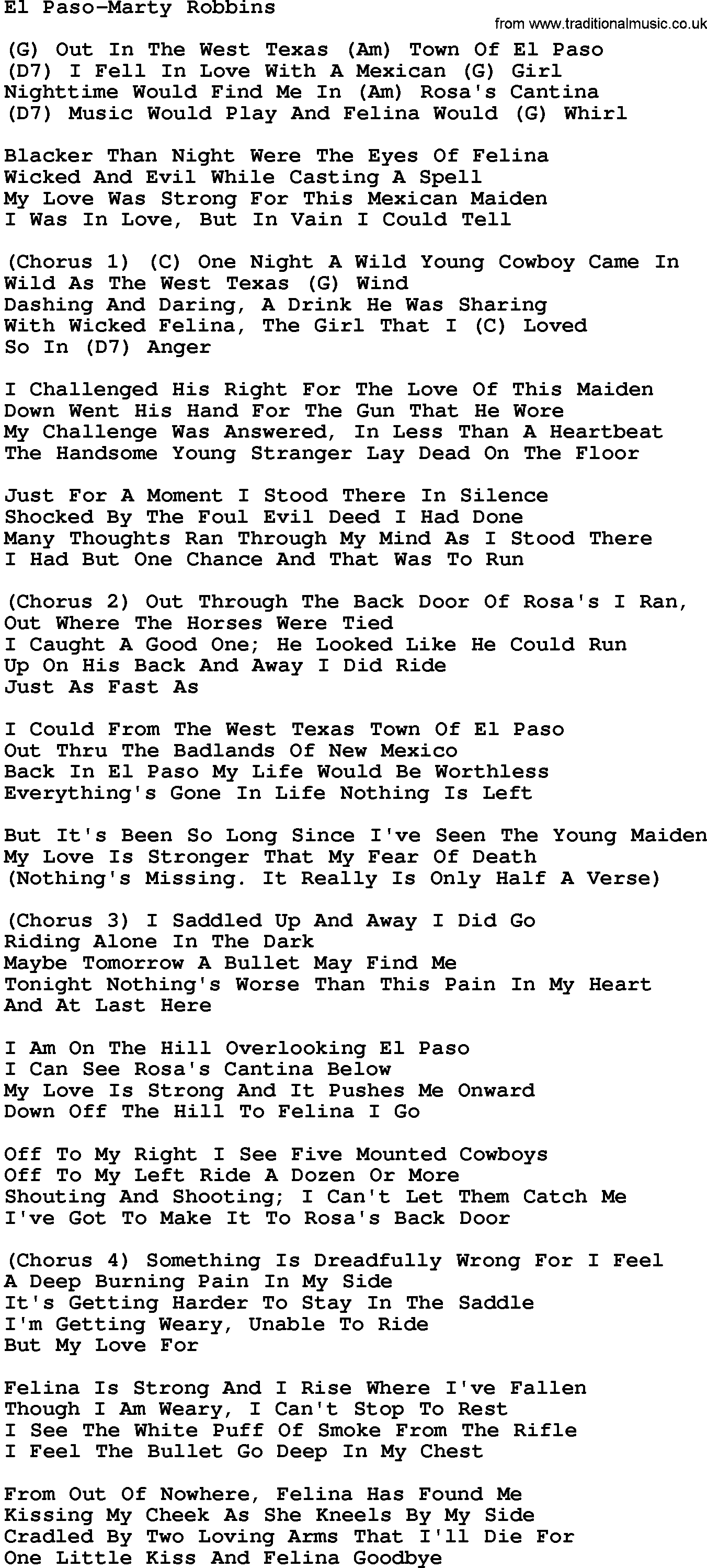 Country music song: El Paso-Marty Robbins lyrics and chords