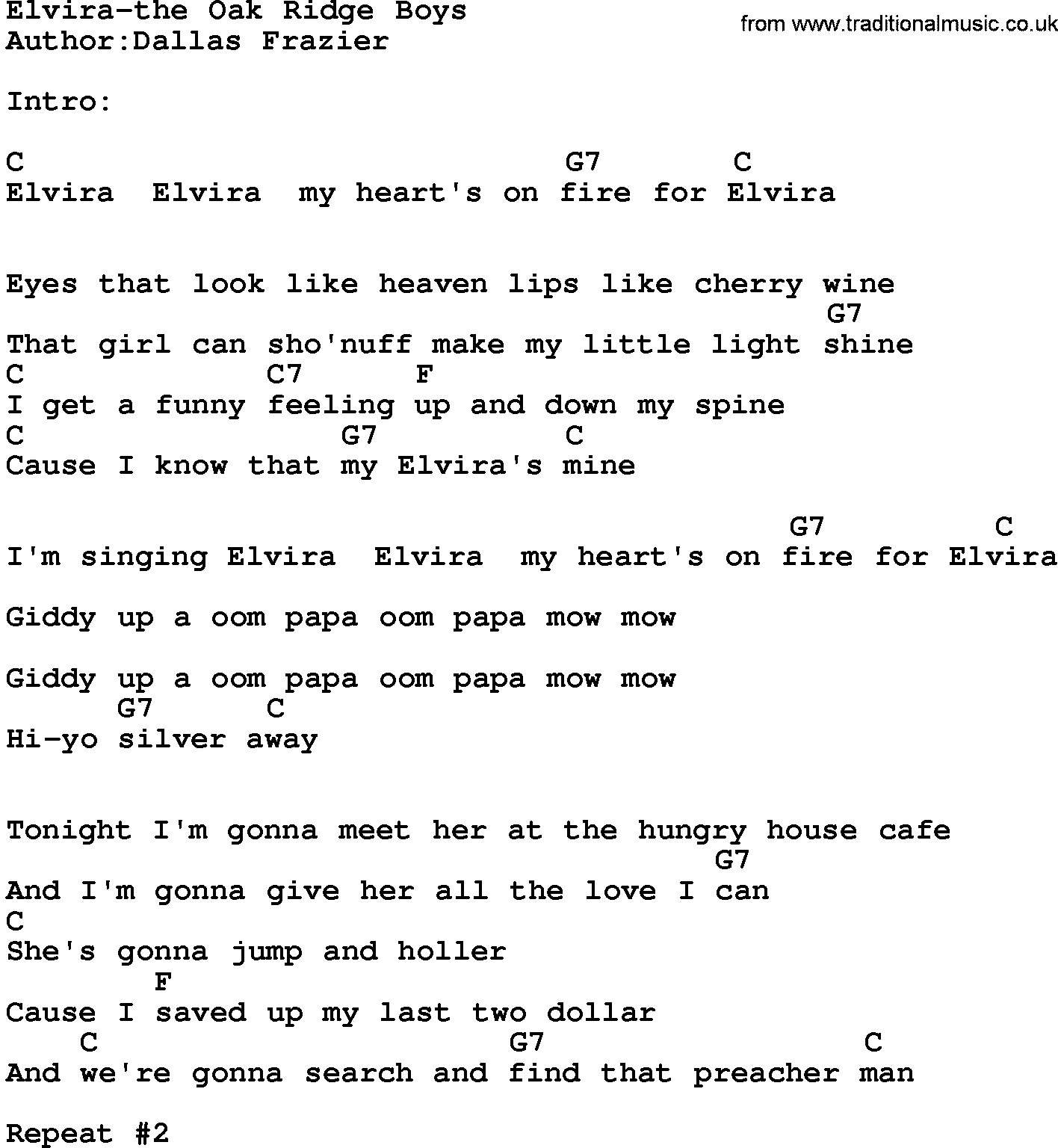 Country music song: Elvira-The Oak Ridge Boys lyrics and chords