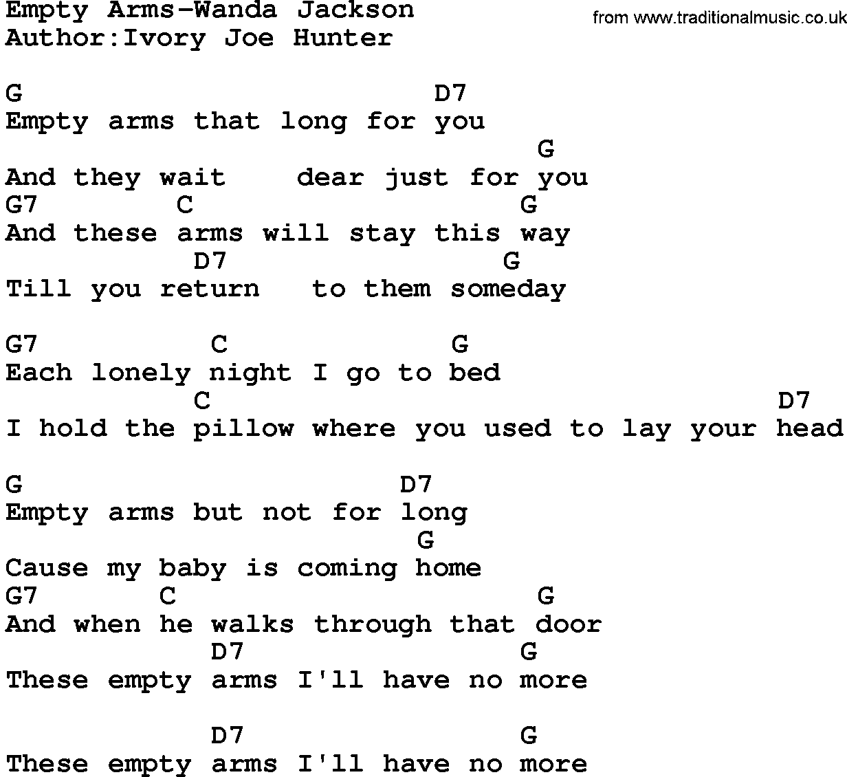 Country music song: Empty Arms  -Wanda Jackson lyrics and chords