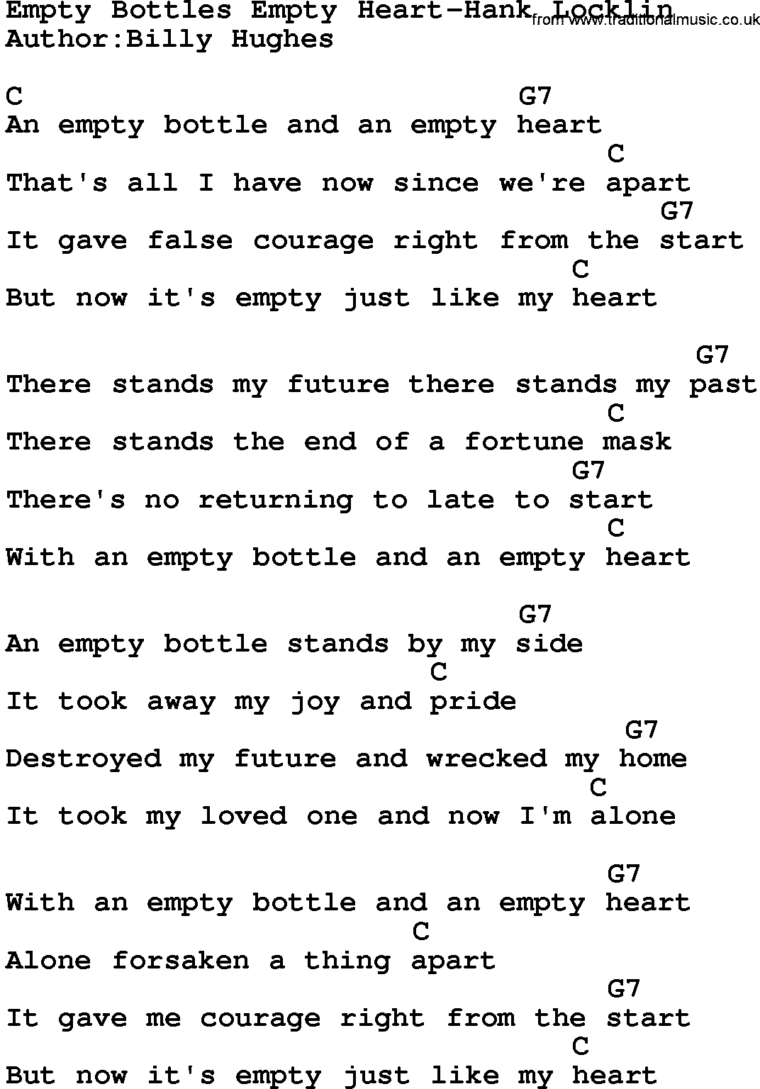 Country music song: Empty Bottles Empty Heart-Hank Locklin lyrics and chords