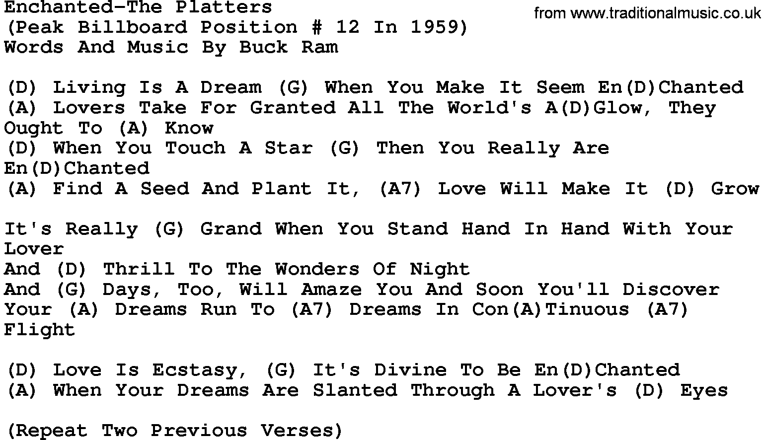 Country music song: Enchanted-The Platters lyrics and chords