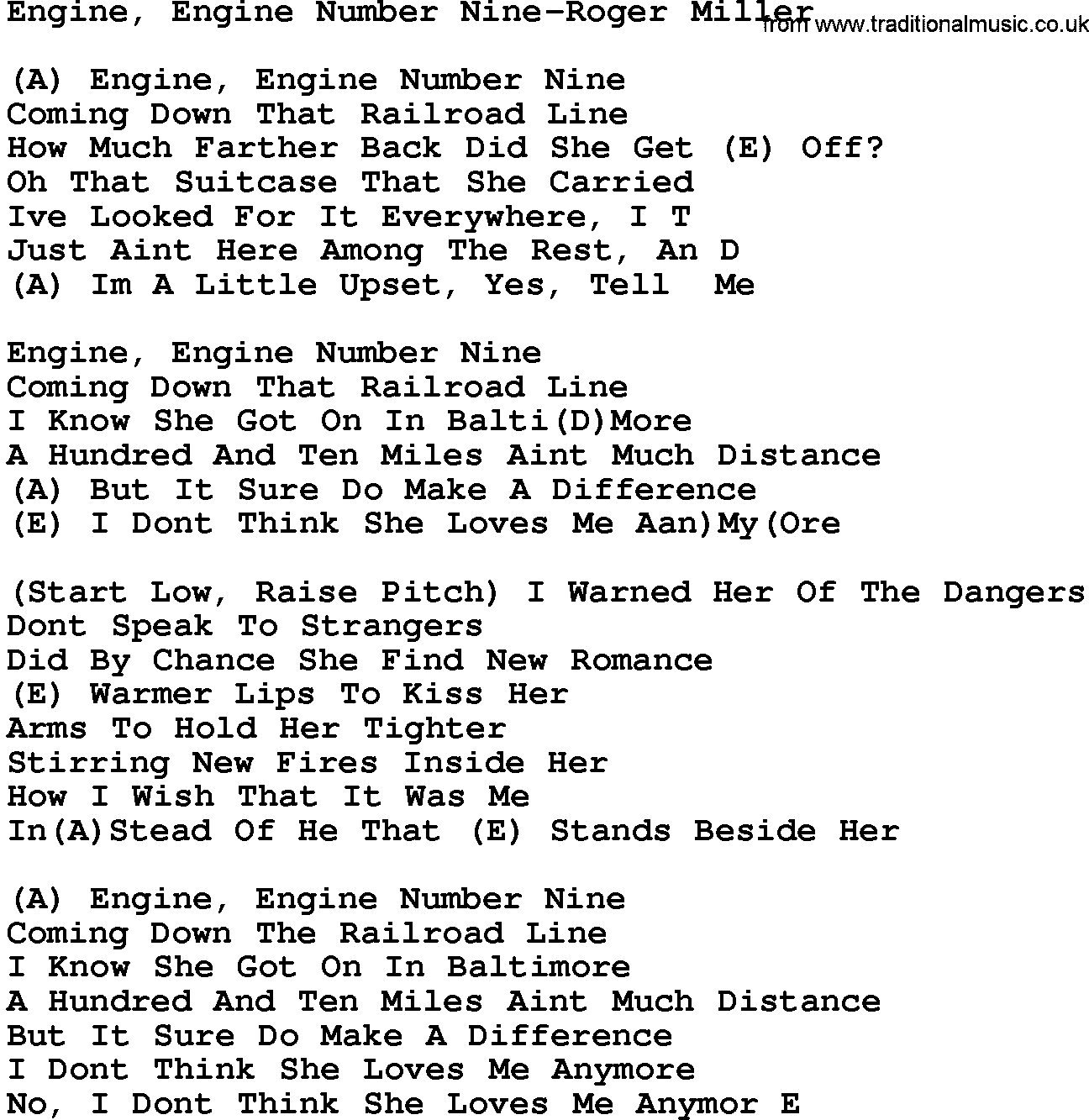 Country music song: Engine, Engine Number Nine-Roger Miller lyrics and chords