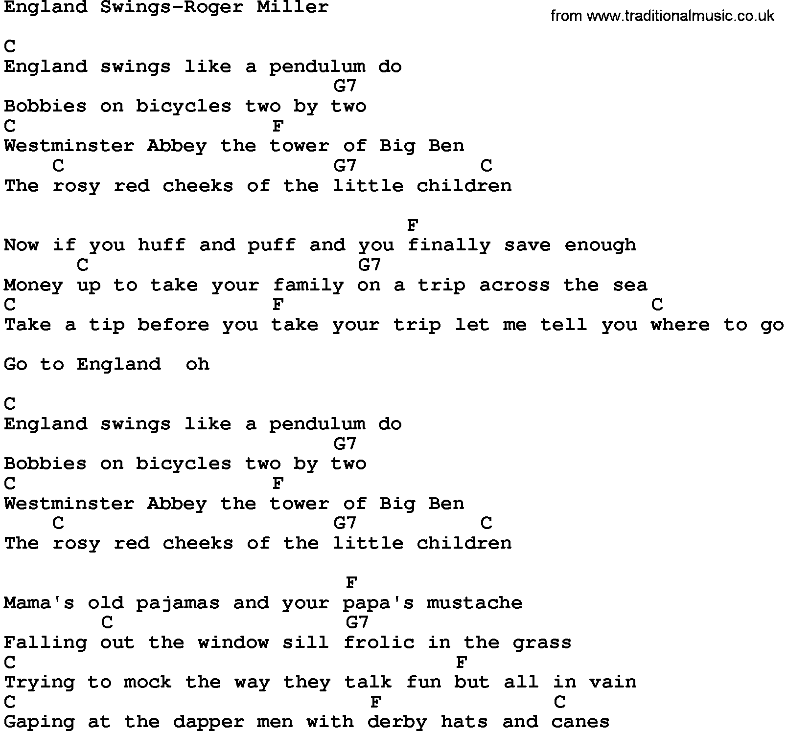 Country music song: England Swings-Roger Miller lyrics and chords
