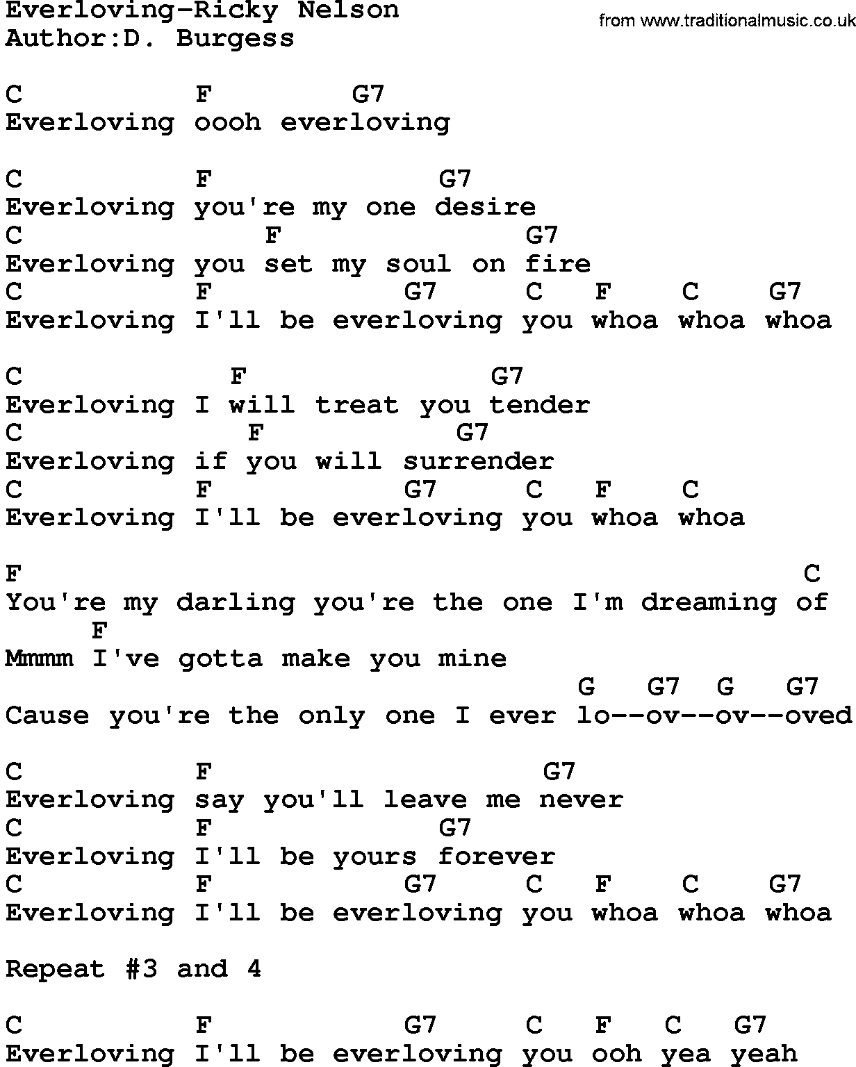 Country music song: Everloving-Ricky Nelson lyrics and chords