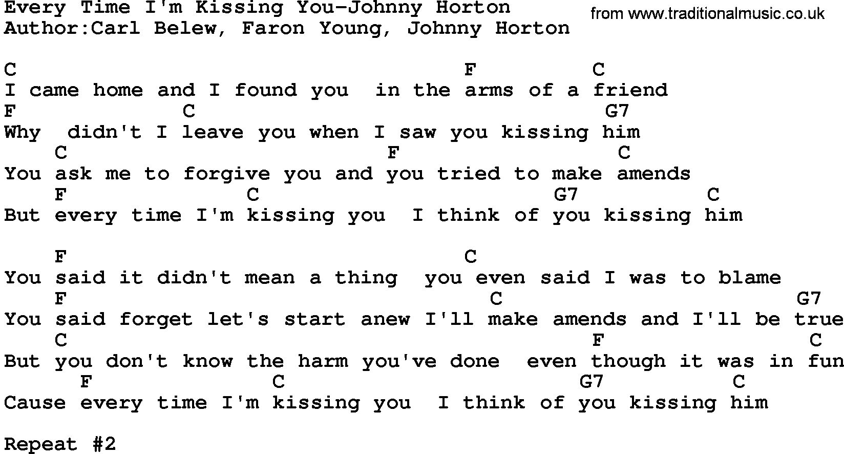 Country music song: Every Time I'm Kissing You-Johnny Horton lyrics and chords