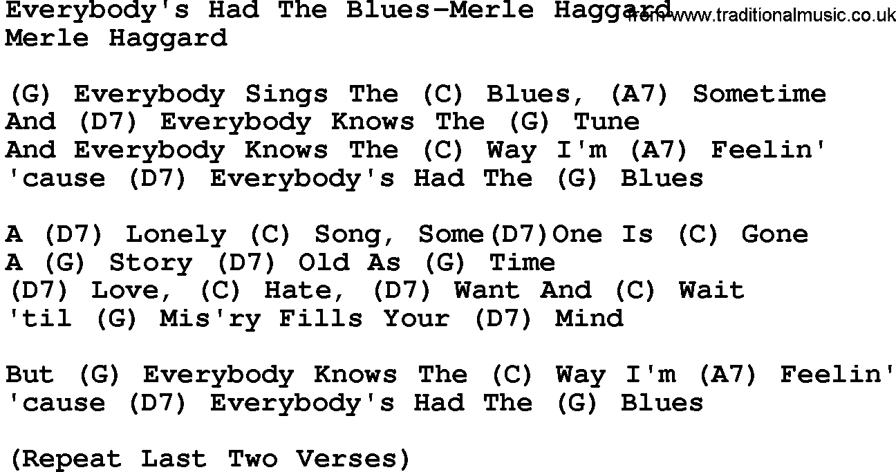Country music song: Everybody's Had The Blues-Merle Haggard lyrics and chords