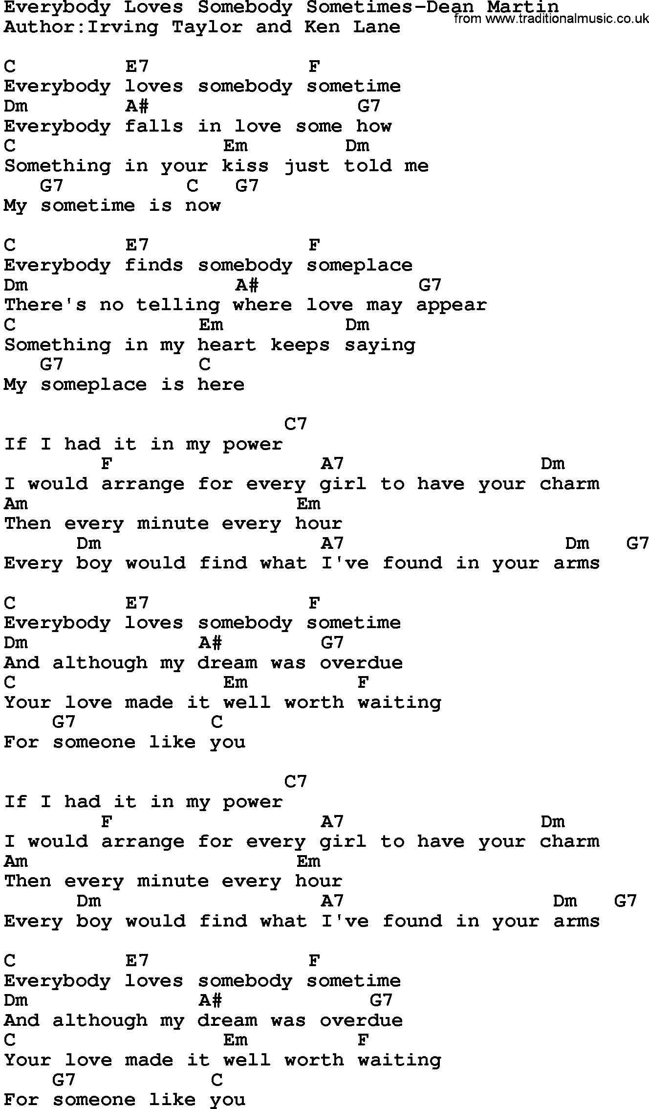 Country music song: Everybody Loves Somebody Sometimes-Dean Martin lyrics and chords