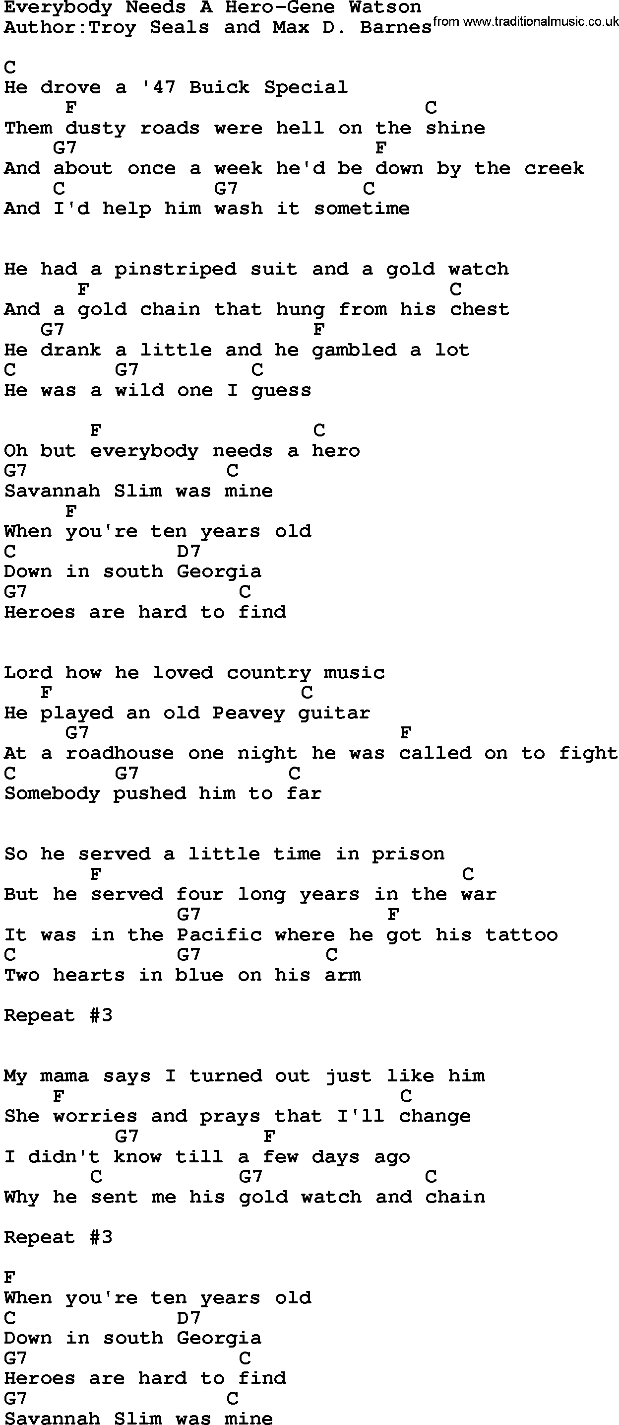 Country music song: Everybody Needs A Hero-Gene Watson lyrics and chords