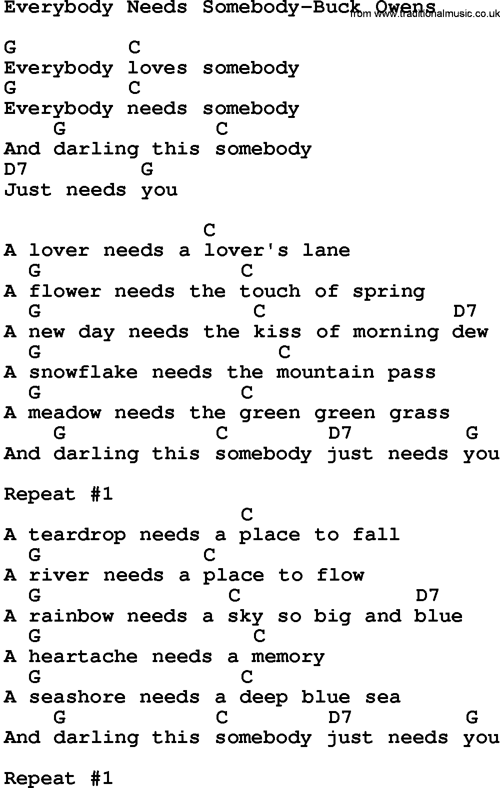 Country music song: Everybody Needs Somebody-Buck Owens lyrics and chords