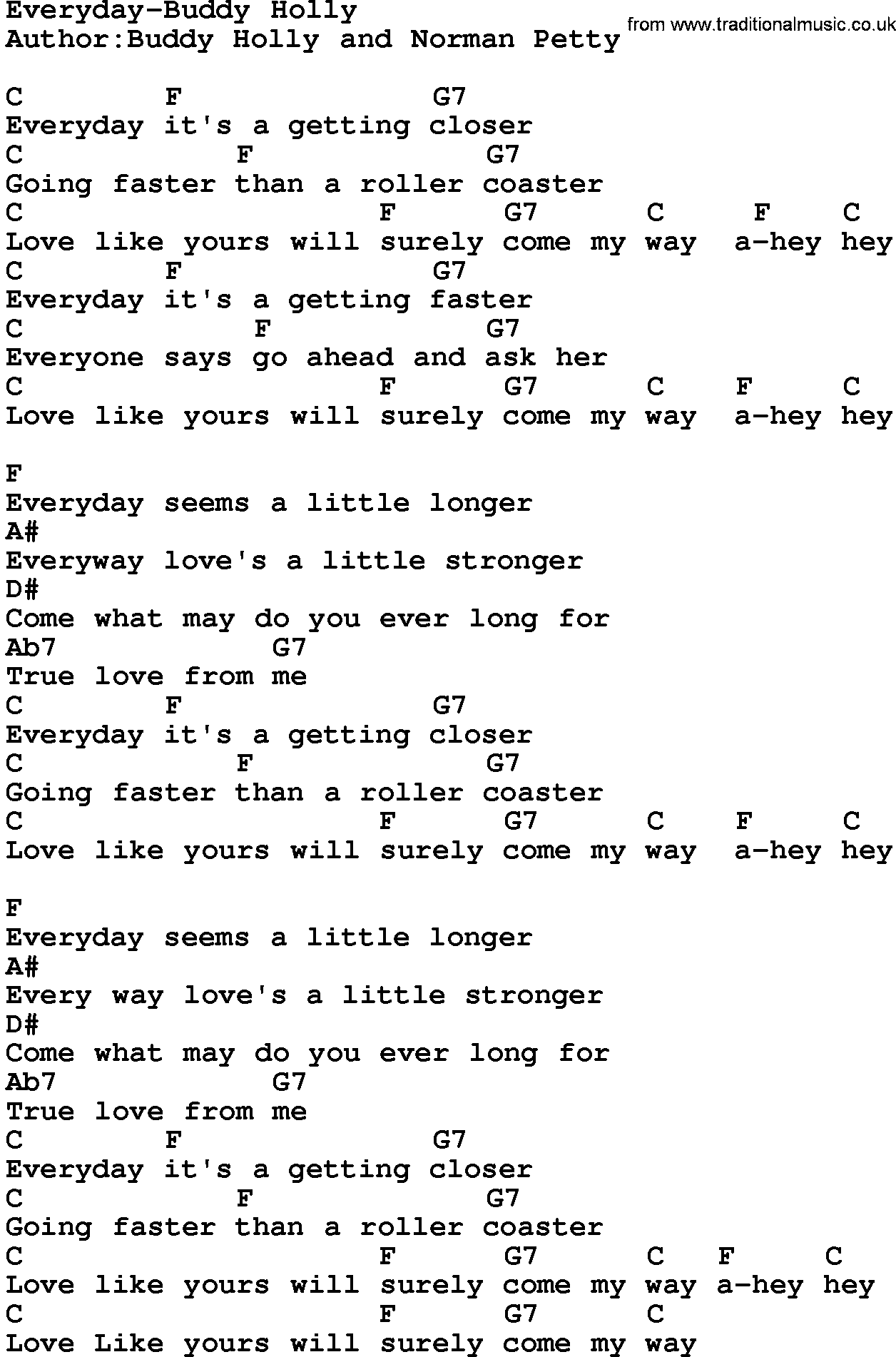 Country music song: Everyday-Buddy Holly lyrics and chords