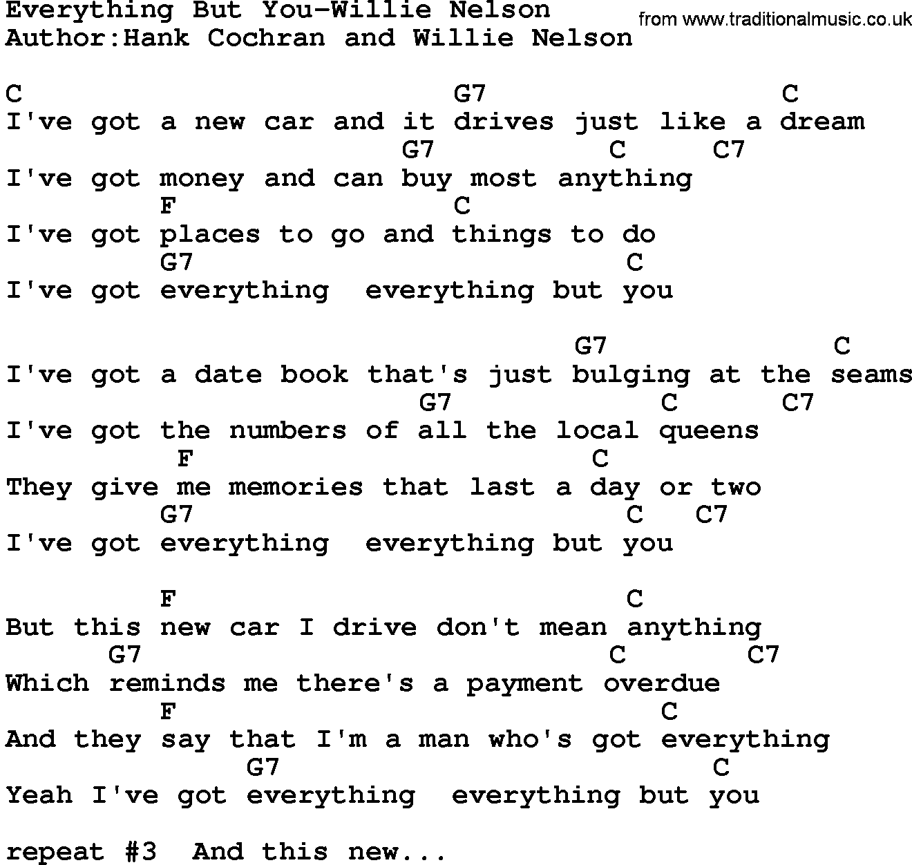 Country music song: Everything But You-Willie Nelson lyrics and chords