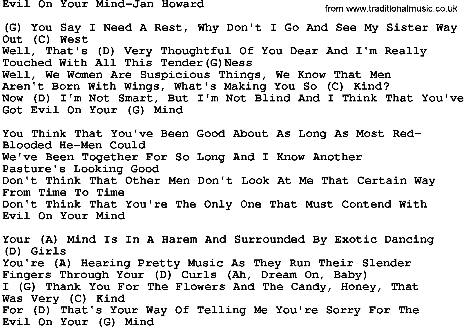 Country music song: Evil On Your Mind-Jan Howard lyrics and chords