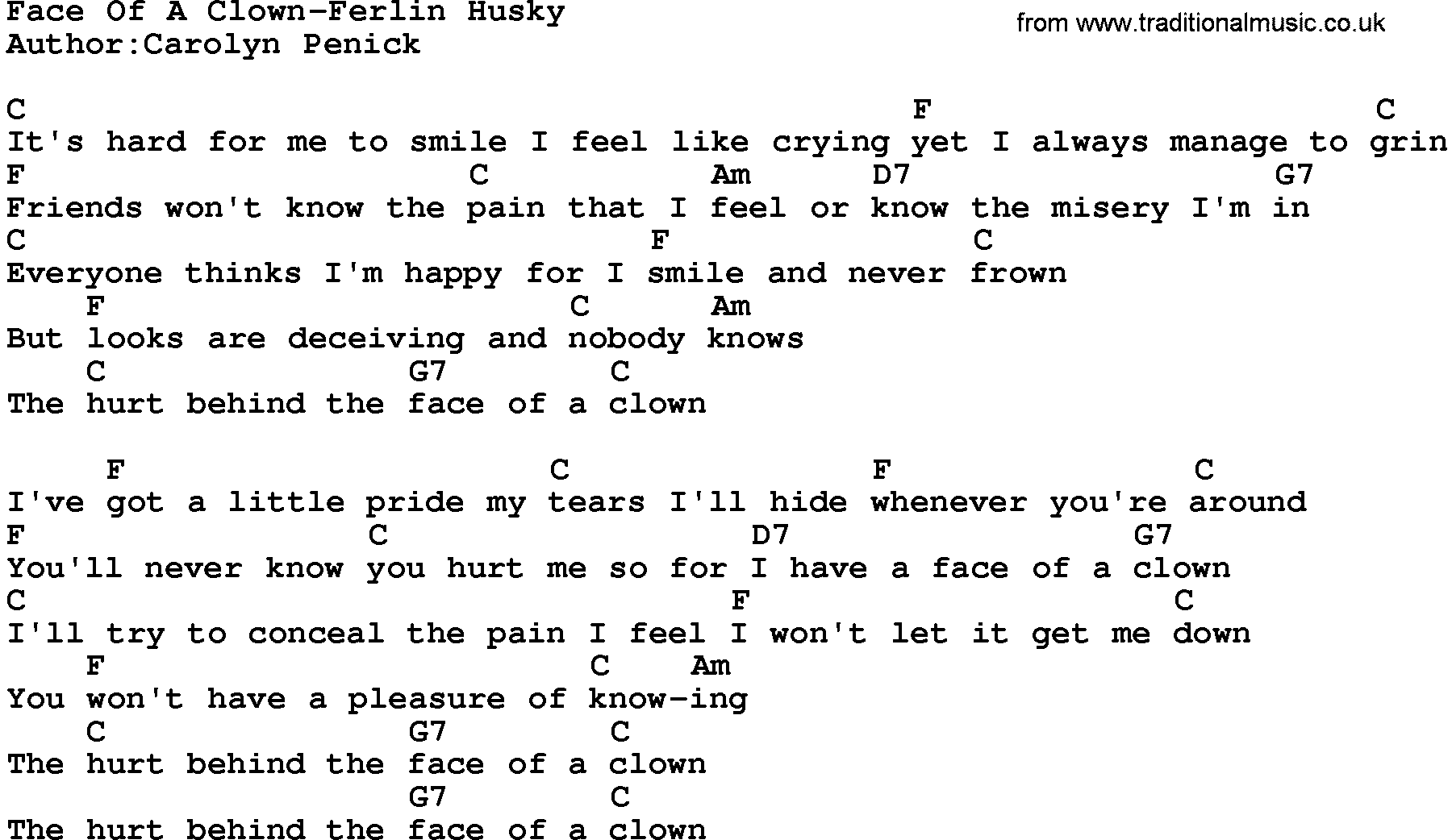 Country music song: Face Of A Clown-Ferlin Husky lyrics and chords