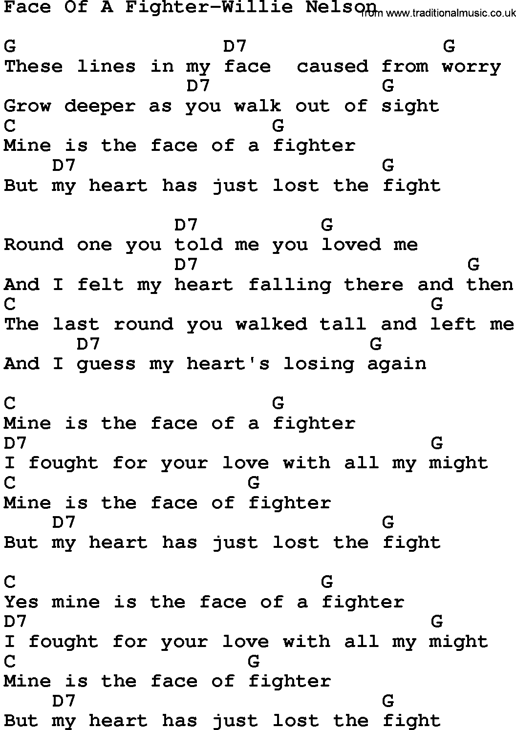 Country music song: Face Of A Fighter-Willie Nelson lyrics and chords