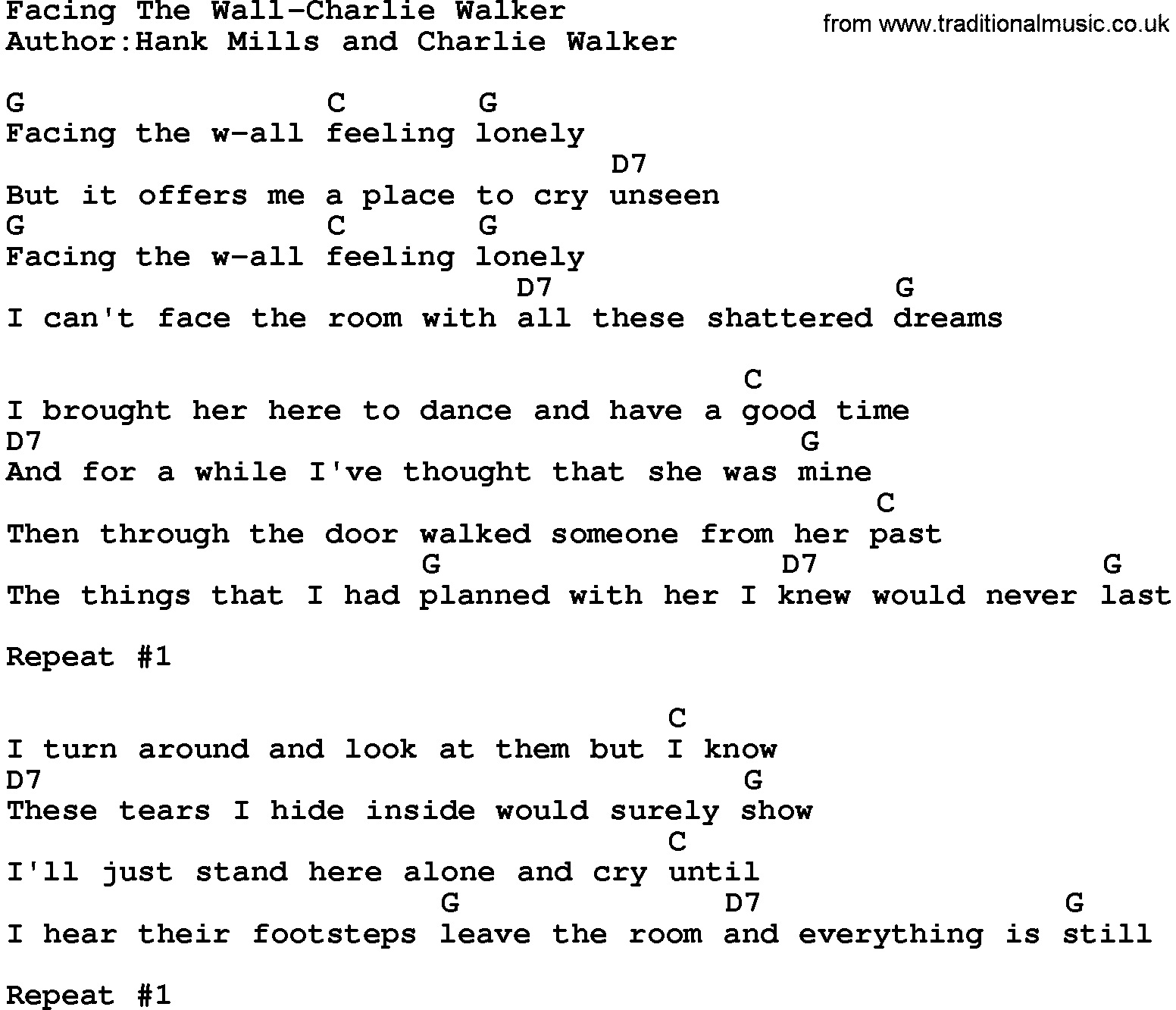 Country music song: Facing The Wall-Charlie Walker lyrics and chords