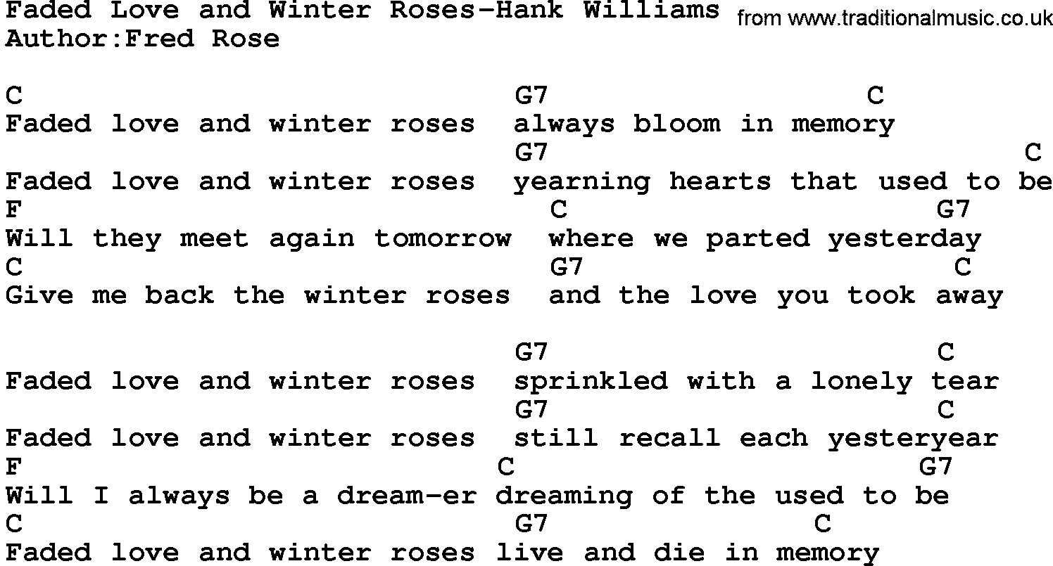 Country music song: Faded Love And Winter Roses-Hank Williams lyrics and chords