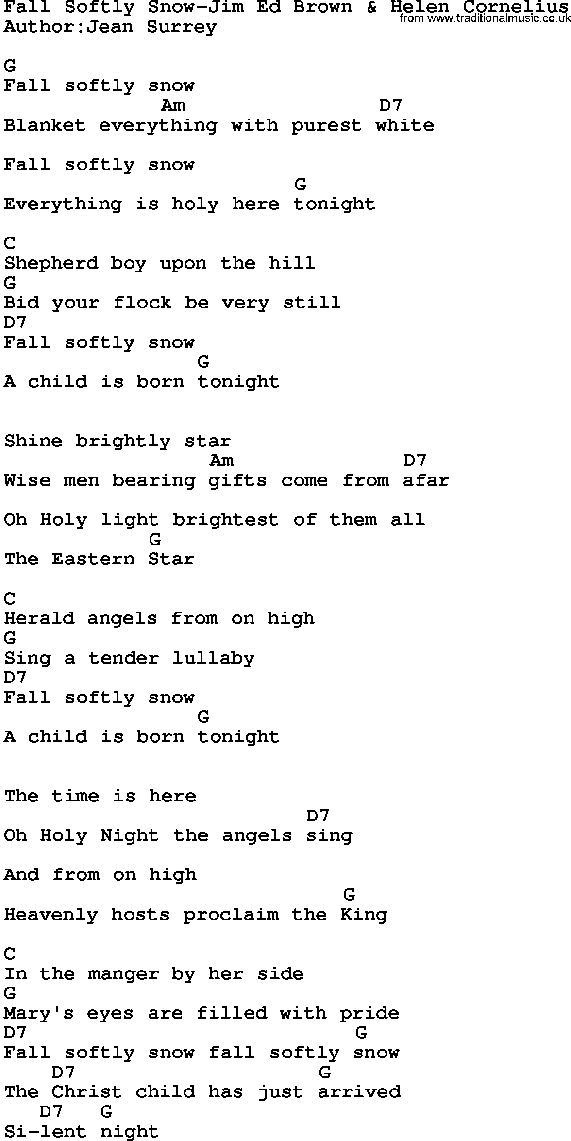 Country music song: Fall Softly Snow-Jim Ed Brown & Helen Cornelius lyrics and chords