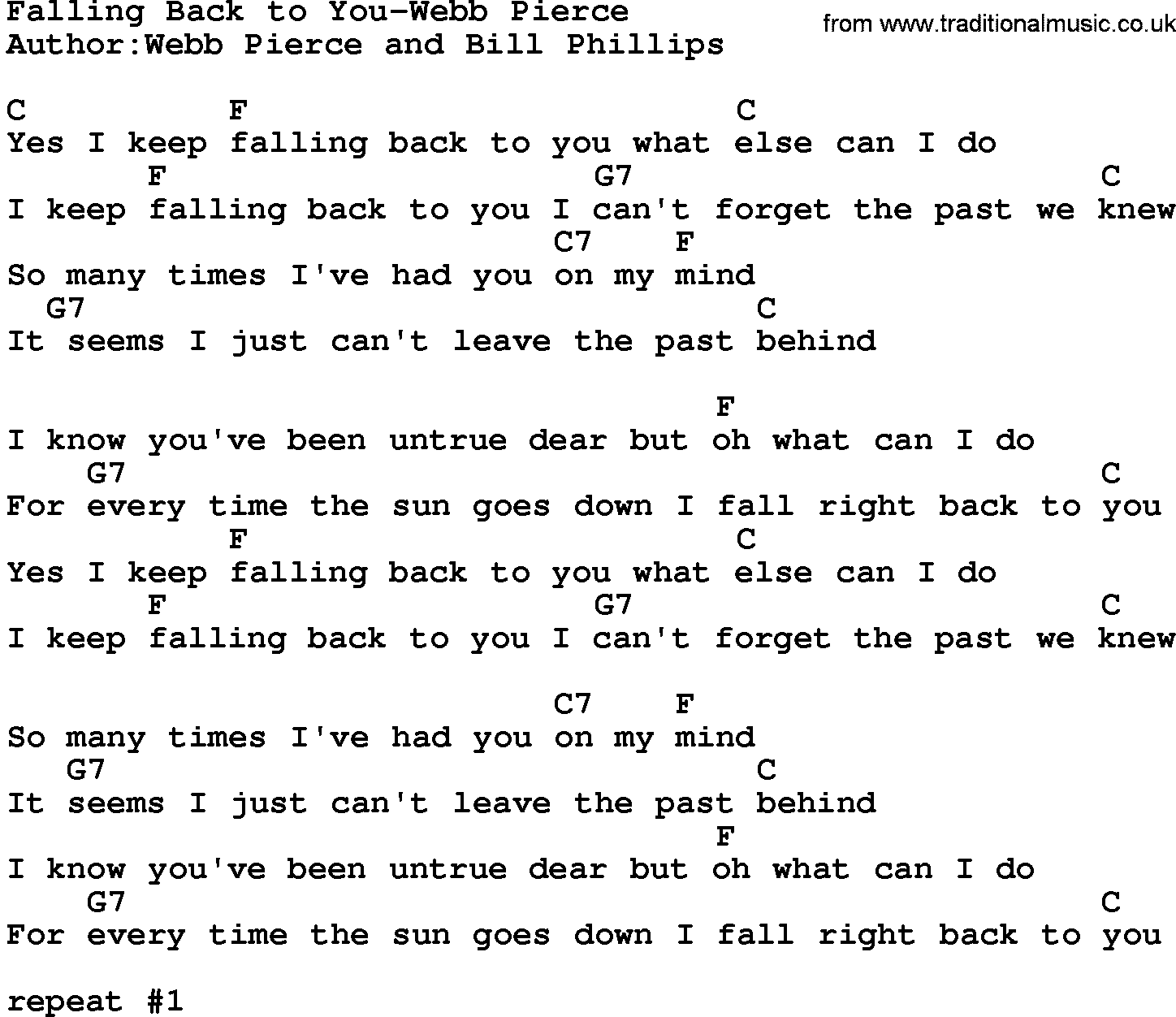 Country music song: Falling Back To You-Webb Pierce lyrics and chords