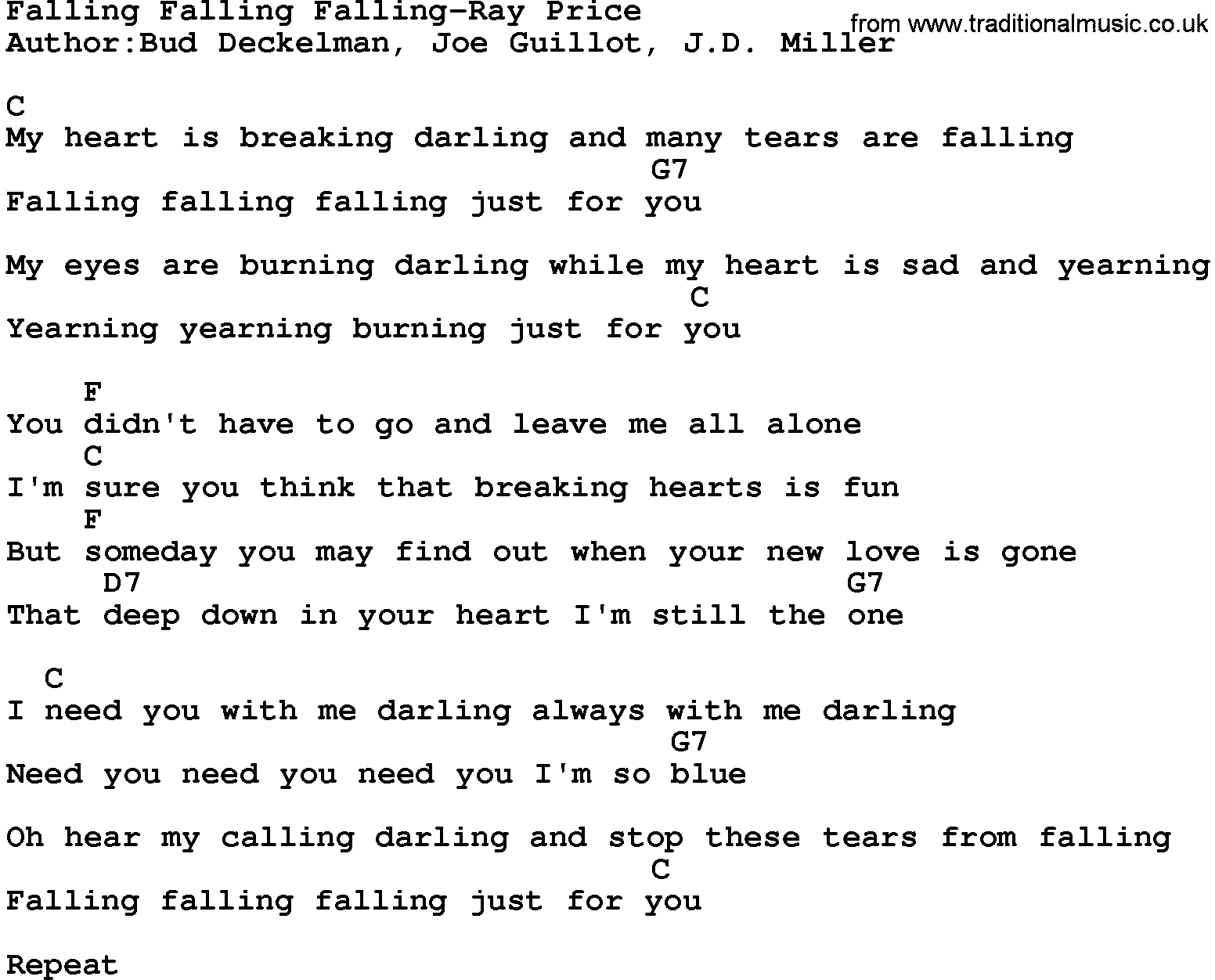 Country music song: Falling Falling Falling-Ray Price lyrics and chords