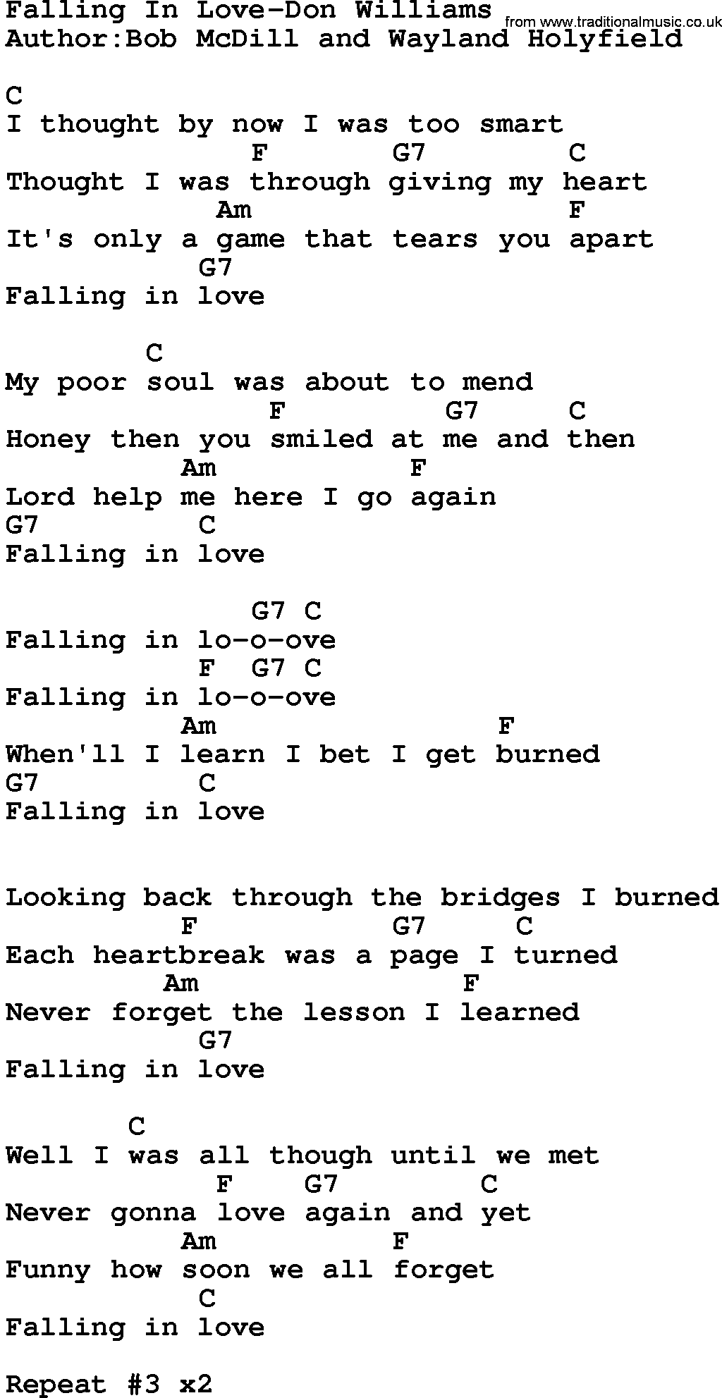 Country music song: Falling In Love-Don Williams lyrics and chords