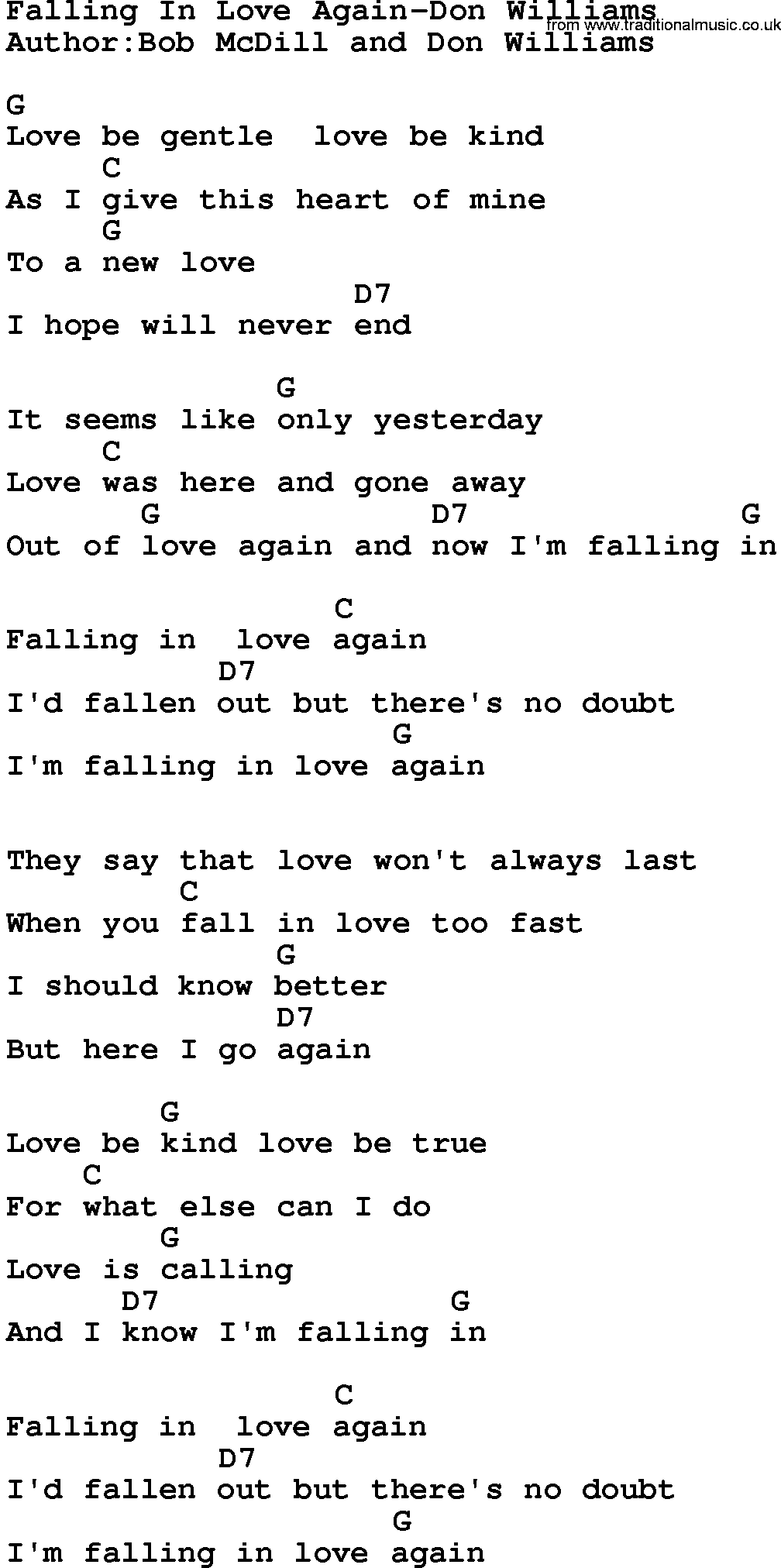 Country music song: Falling In Love Again -Don Williams lyrics and chords