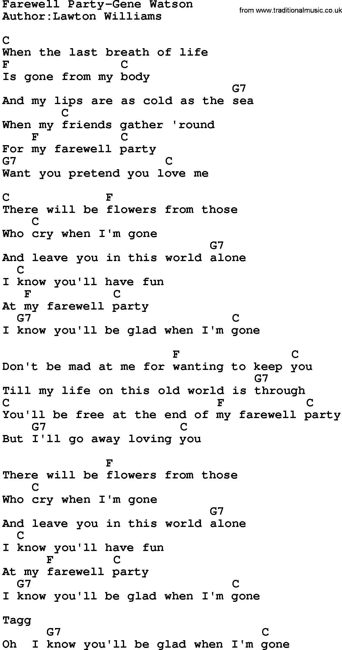 Country music song: Farewell Party-Gene Watson lyrics and chords