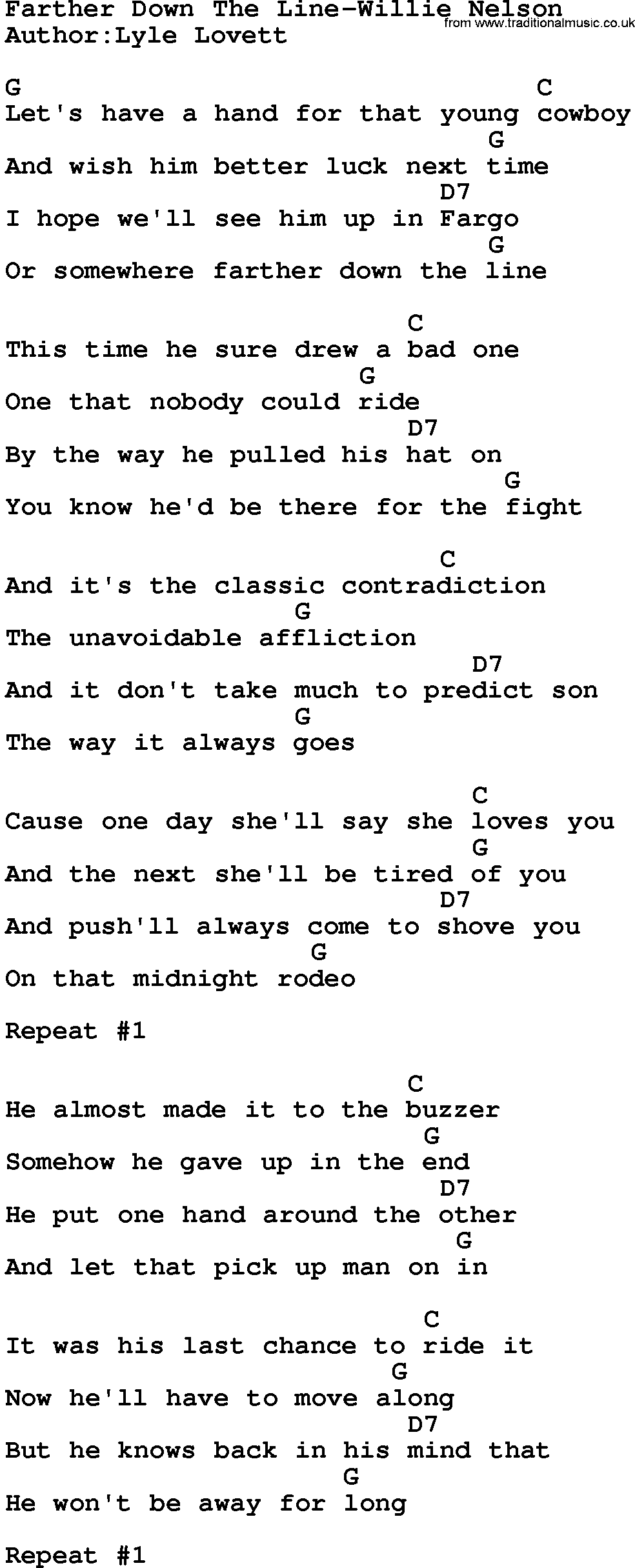 Country music song: Farther Down The Line-Willie Nelson lyrics and chords