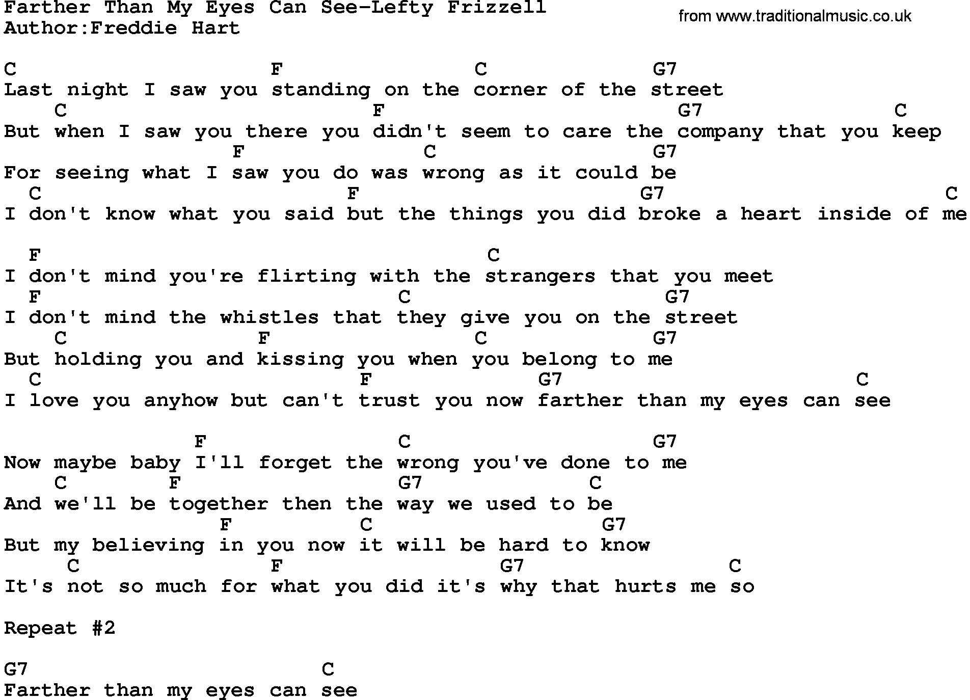 Country music song: Farther Than My Eyes Can See-Lefty Frizzell lyrics and chords
