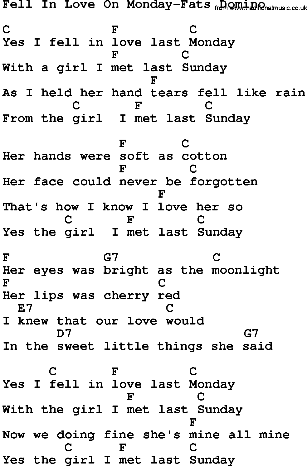 Country music song: Fell In Love On Monday-Fats Domino lyrics and chords