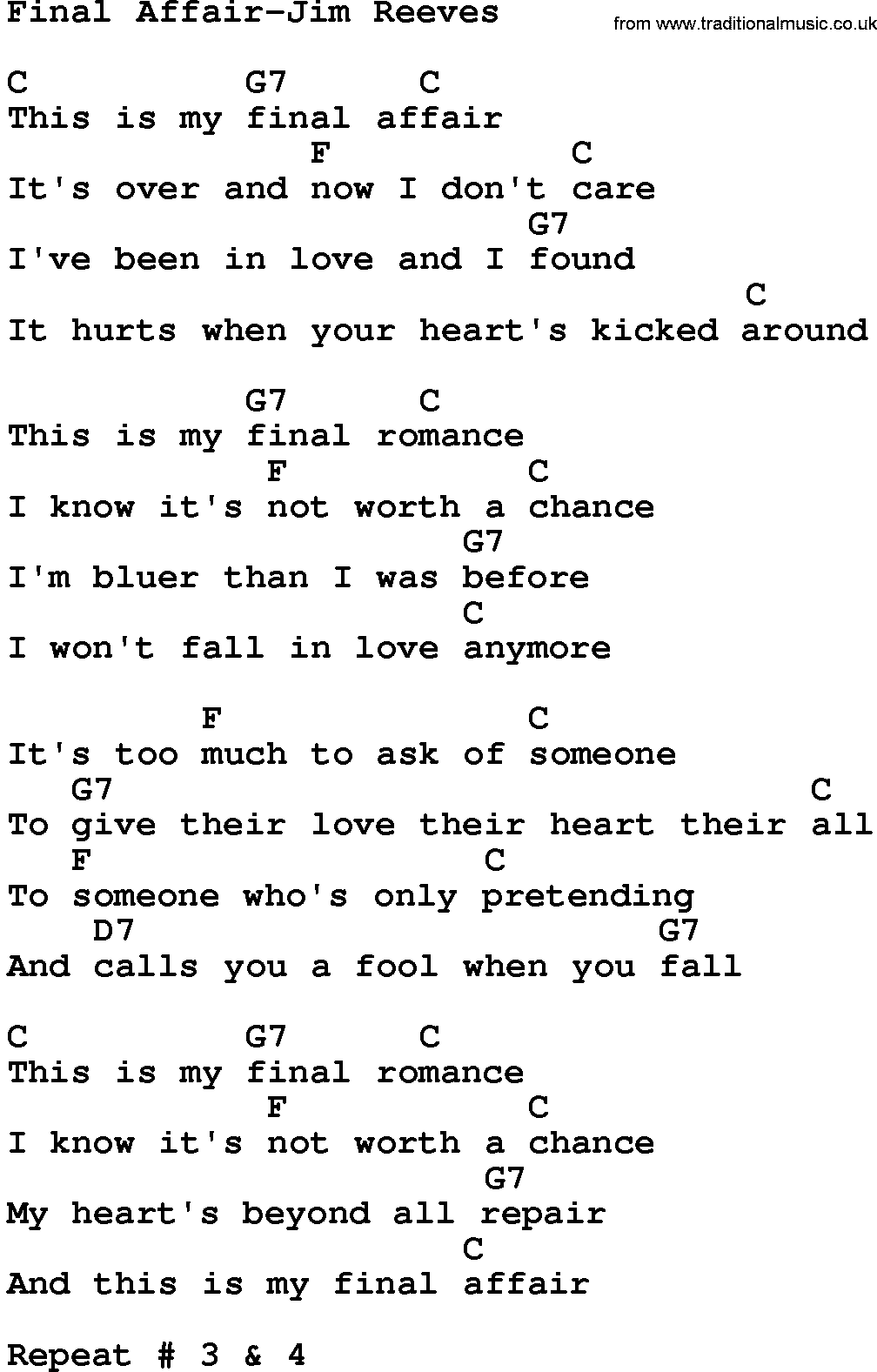 Country music song: Final Affair-Jim Reeves lyrics and chords