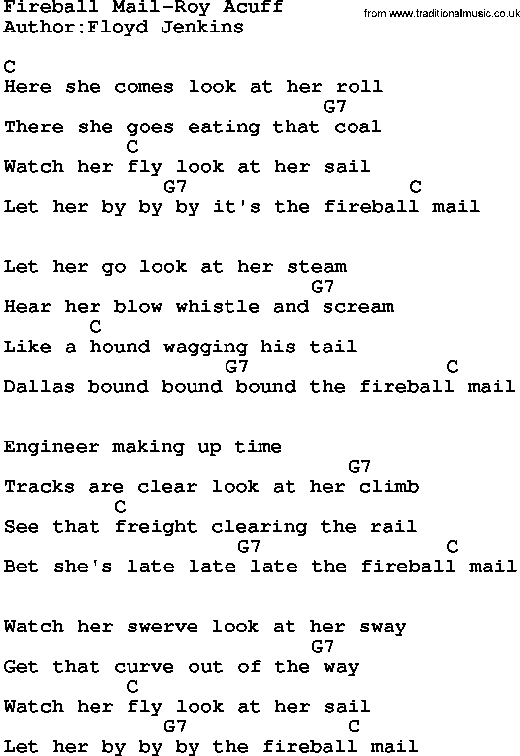 Country music song: Fireball Mail-Roy Acuff lyrics and chords