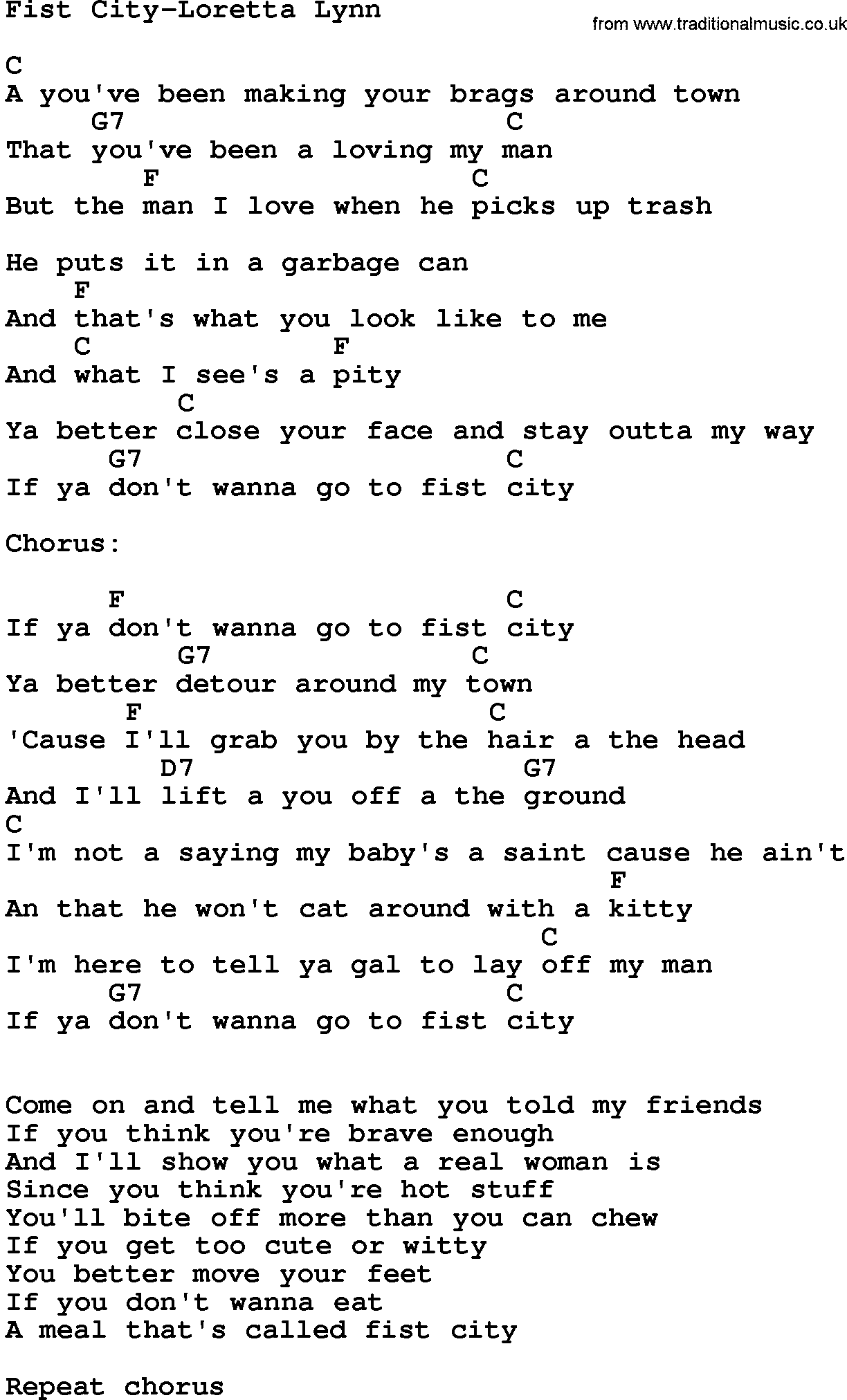 Country music song: Fist City-Loretta Lynn lyrics and chords