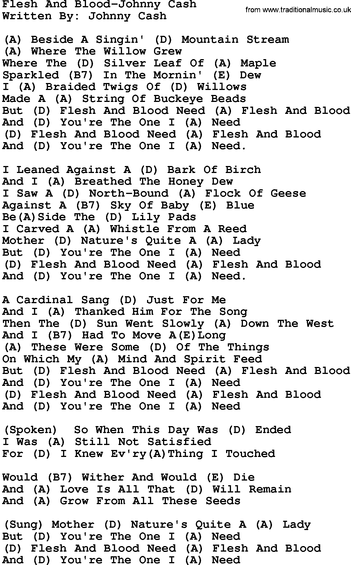 Country music song: Flesh And Blood-Johnny Cash lyrics and chords