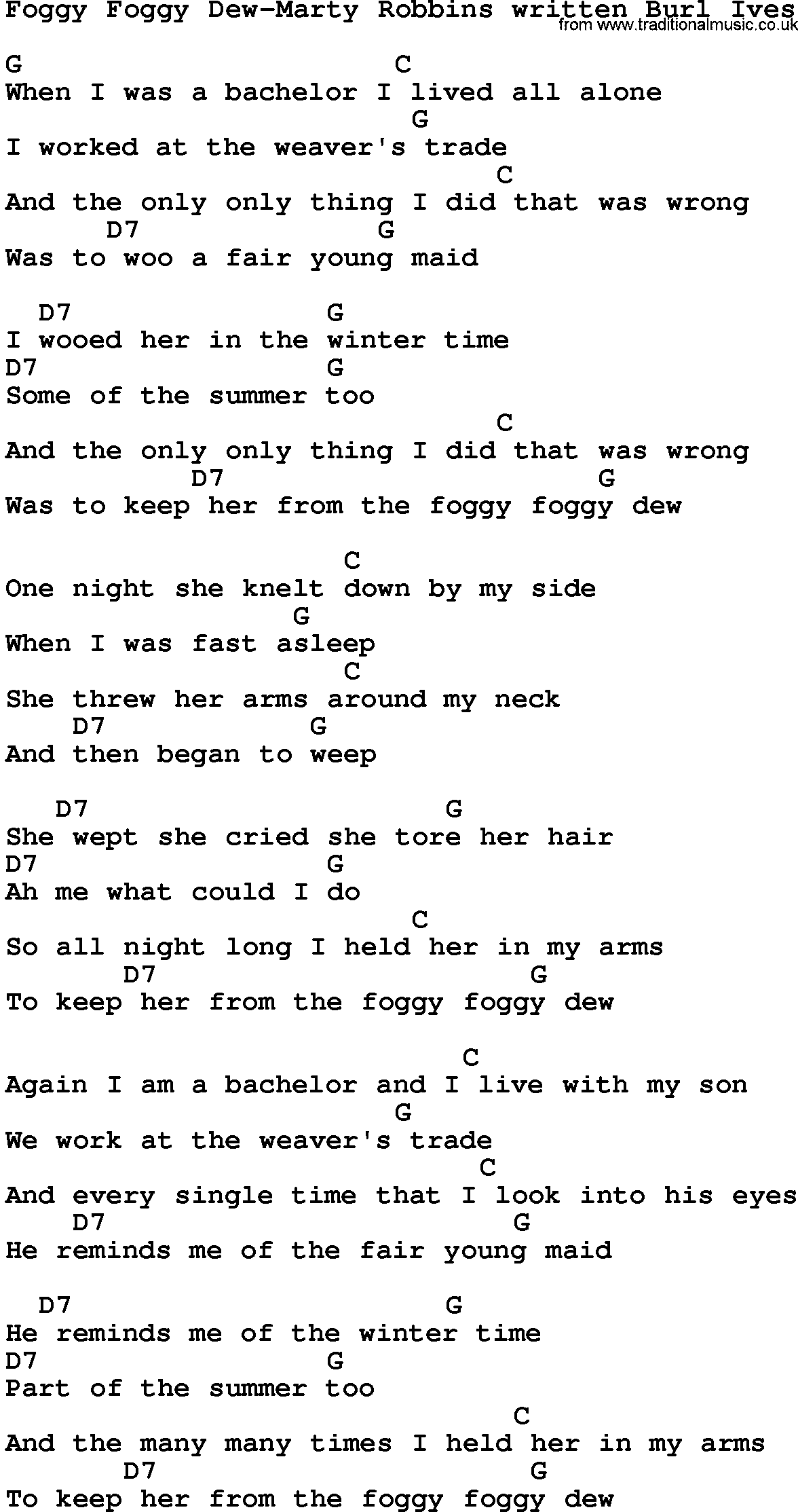 Country music song: Foggy Foggy Dew-Marty Robbins Written Burl Ives lyrics and chords