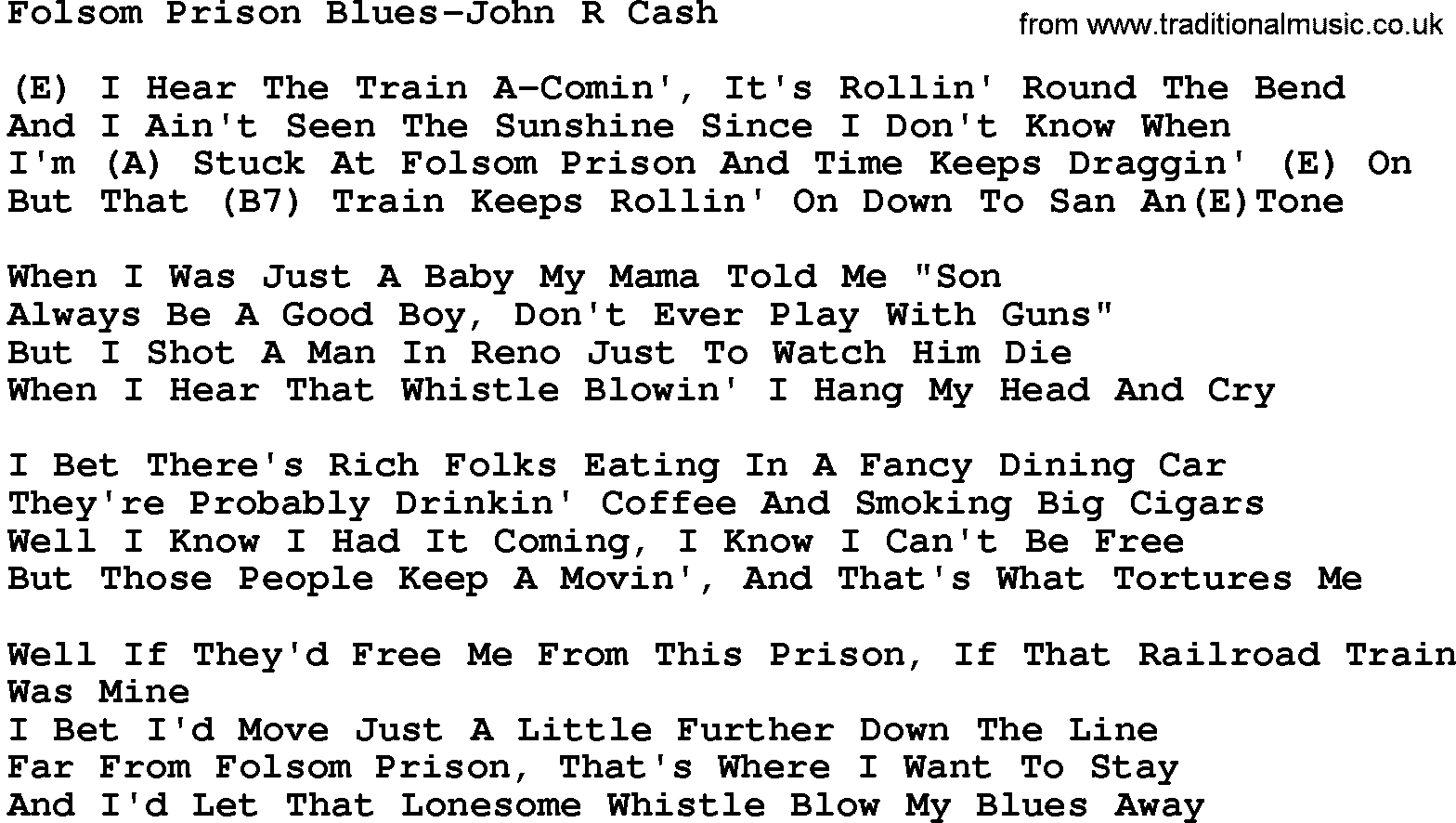 Country music song: Folsom Prison Blues-John R Cash lyrics and chords