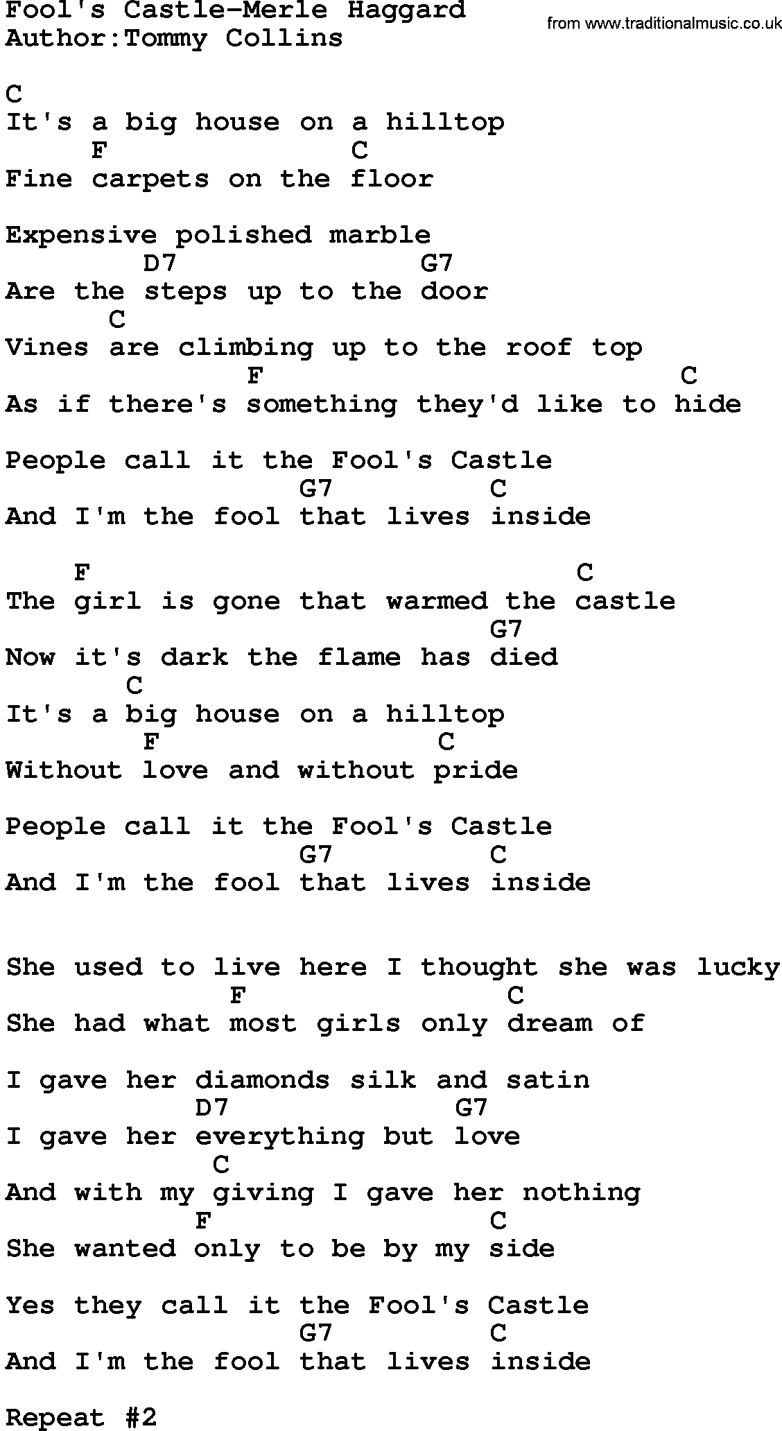 Country music song: Fool's Castle-Merle Haggard lyrics and chords