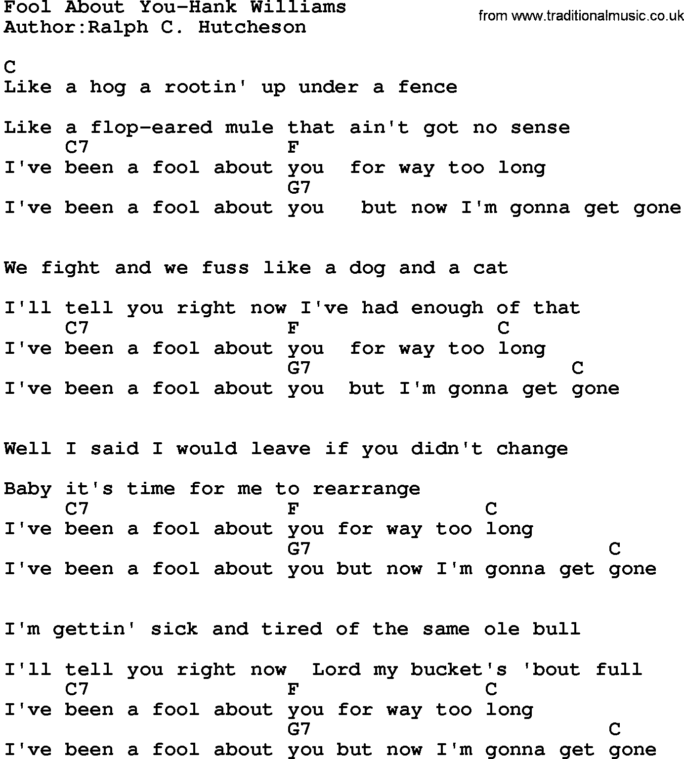 Country music song: Fool About You-Hank Williams lyrics and chords