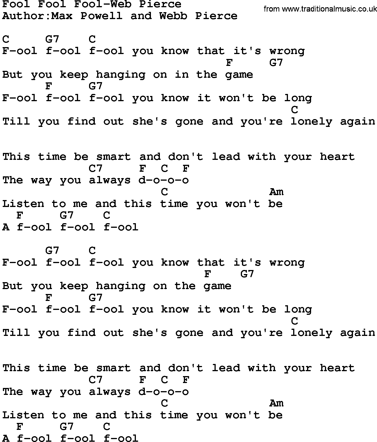 Country music song: Fool Fool Fool-Web Pierce lyrics and chords