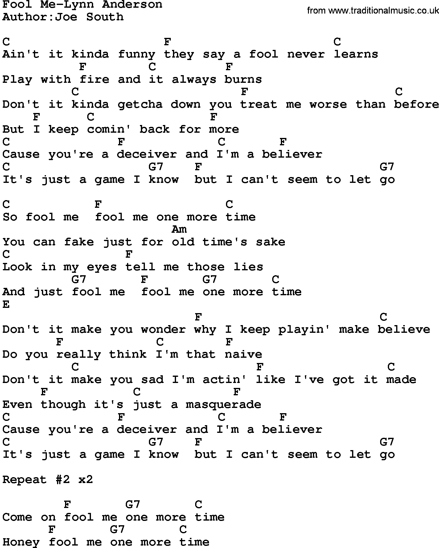 Country music song: Fool Me-Lynn Anderson lyrics and chords