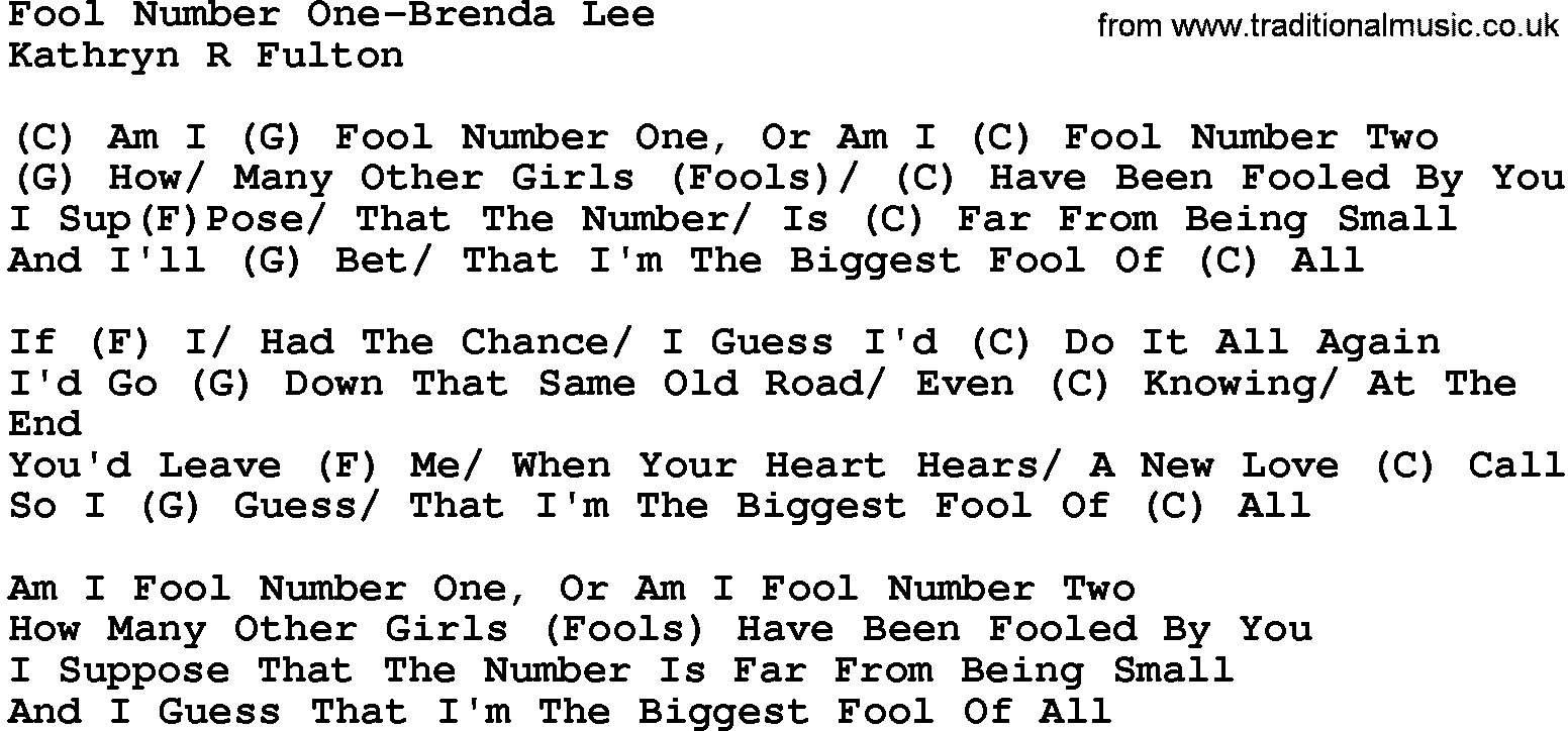 Country music song: Fool Number One-Brenda Lee lyrics and chords