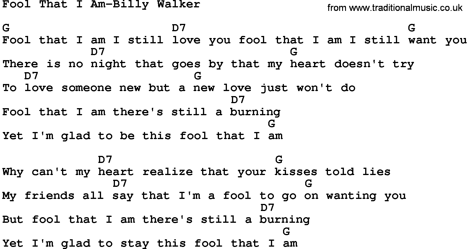 Country music song: Fool That I Am-Billy Walker lyrics and chords