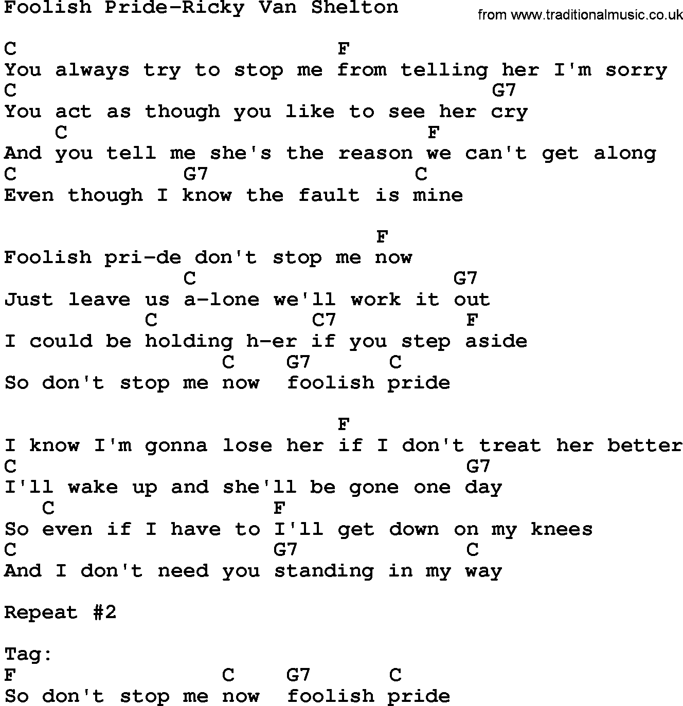 Country music song: Foolish Pride-Ricky Van Shelton lyrics and chords
