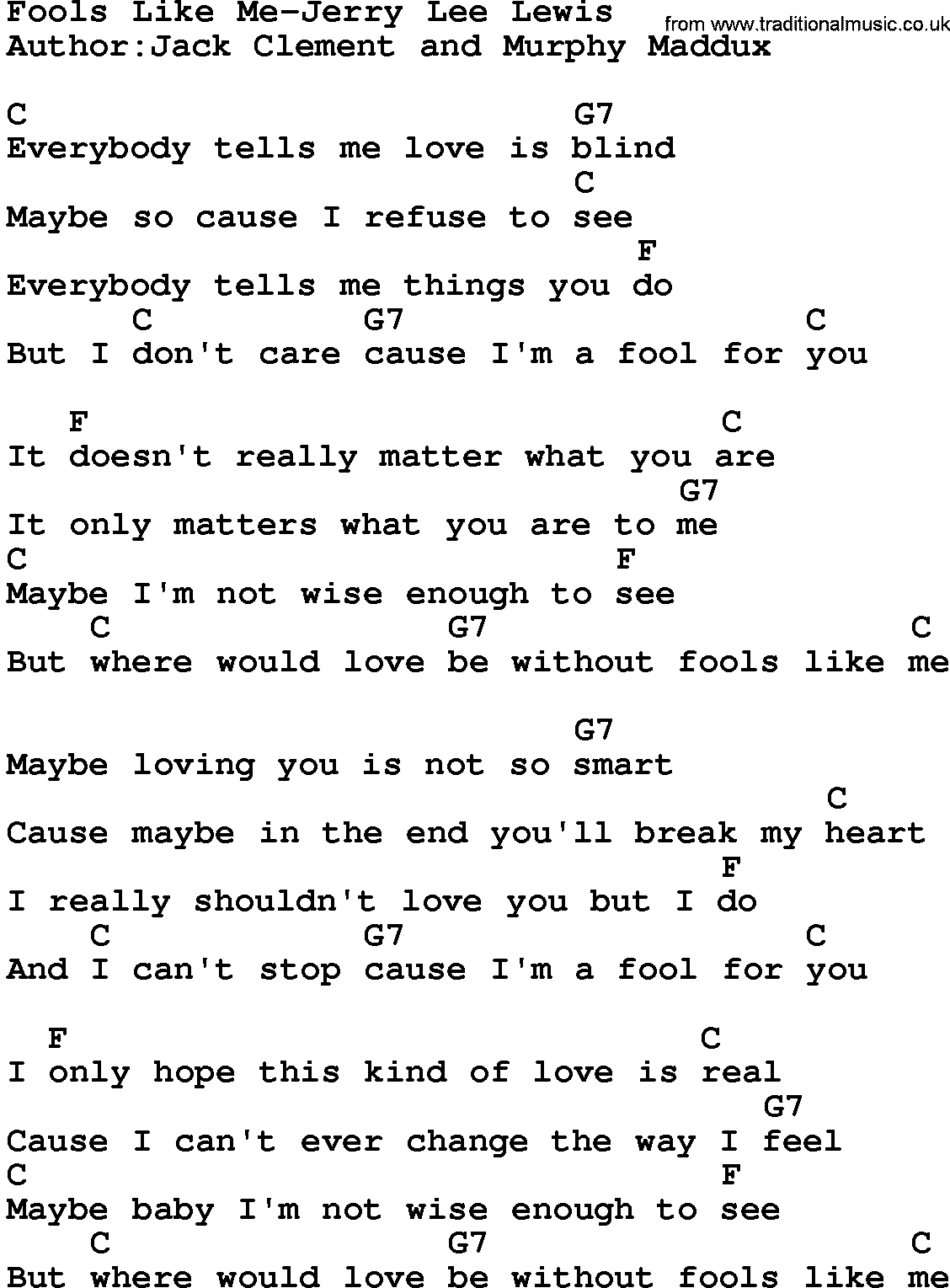 Country music song: Fools Like Me-Jerry Lee Lewis lyrics and chords