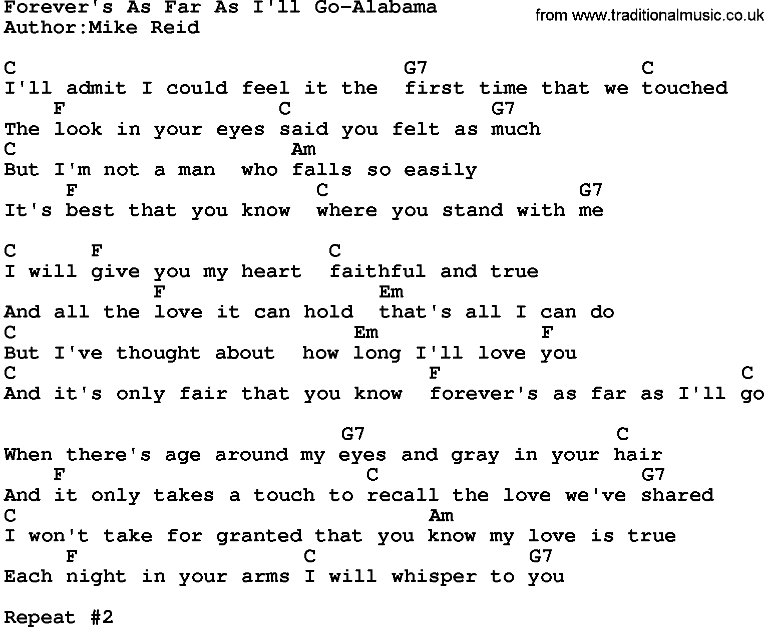 Country music song: Forever's As Far As I'll Go-Alabama lyrics and chords