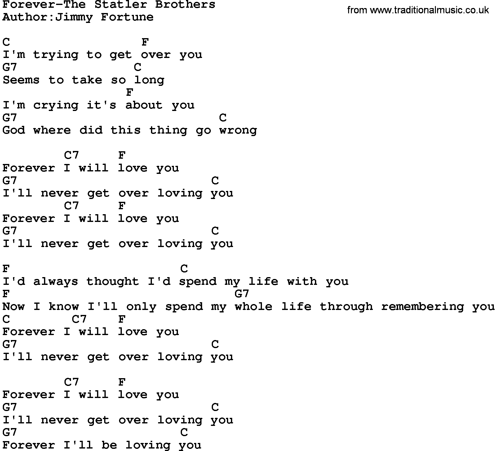 Country music song: Forever-The Statler Brothers lyrics and chords