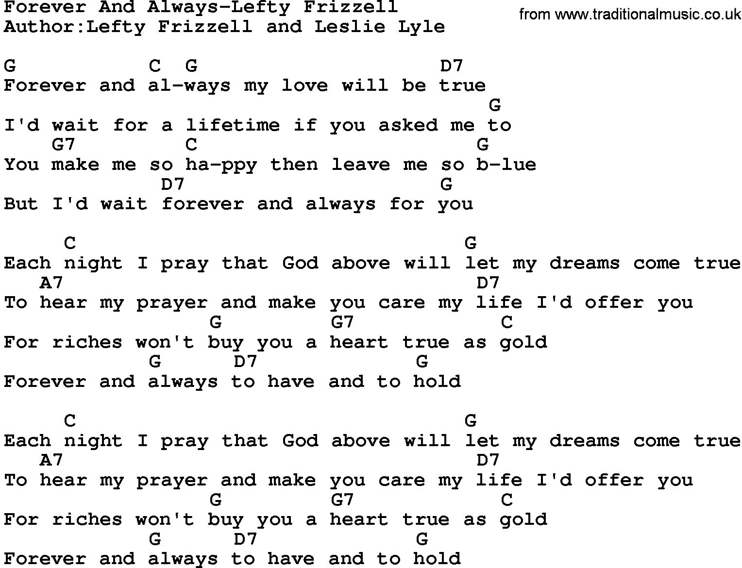 Country music song: Forever And Always-Lefty Frizzell lyrics and chords